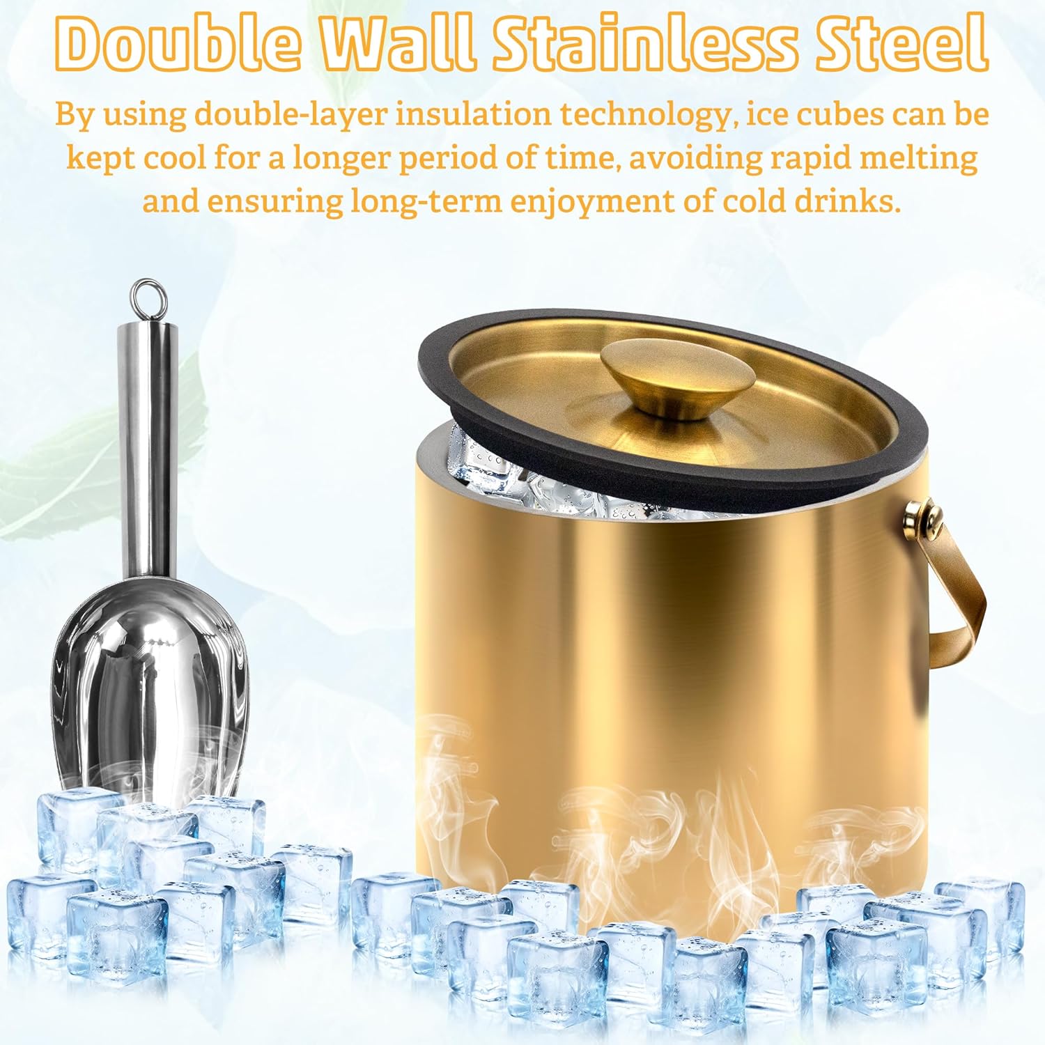 Gold Ice Bucket 3.2L – Double Wall Insulated Stainless Steel Ice Bucket with Lid, Scoop & Tongs – Large Champagne Bucket for Parties, Bar Cart, Outdoor Events, Cocktail & Wine Chilling