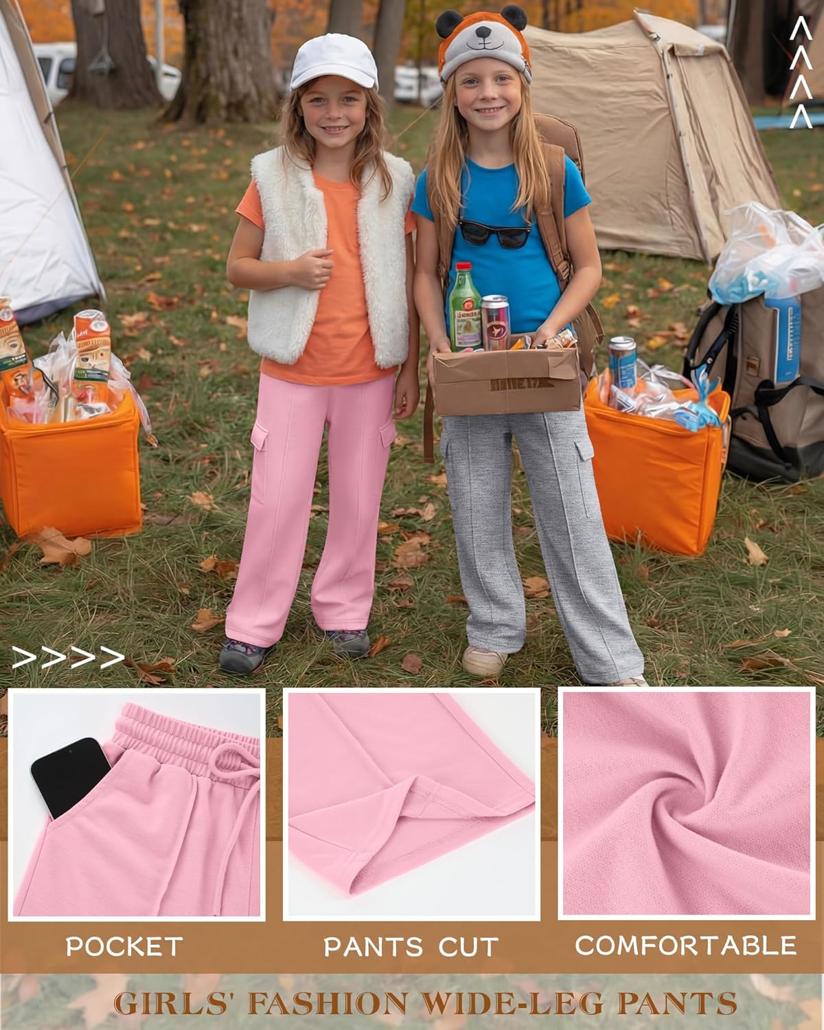 3 Pack Girls Cargo Sweatpants 5-14Y Wide Leg High Waisted Kids Baggy Drawstring Athletic Pants with 4 Pockets