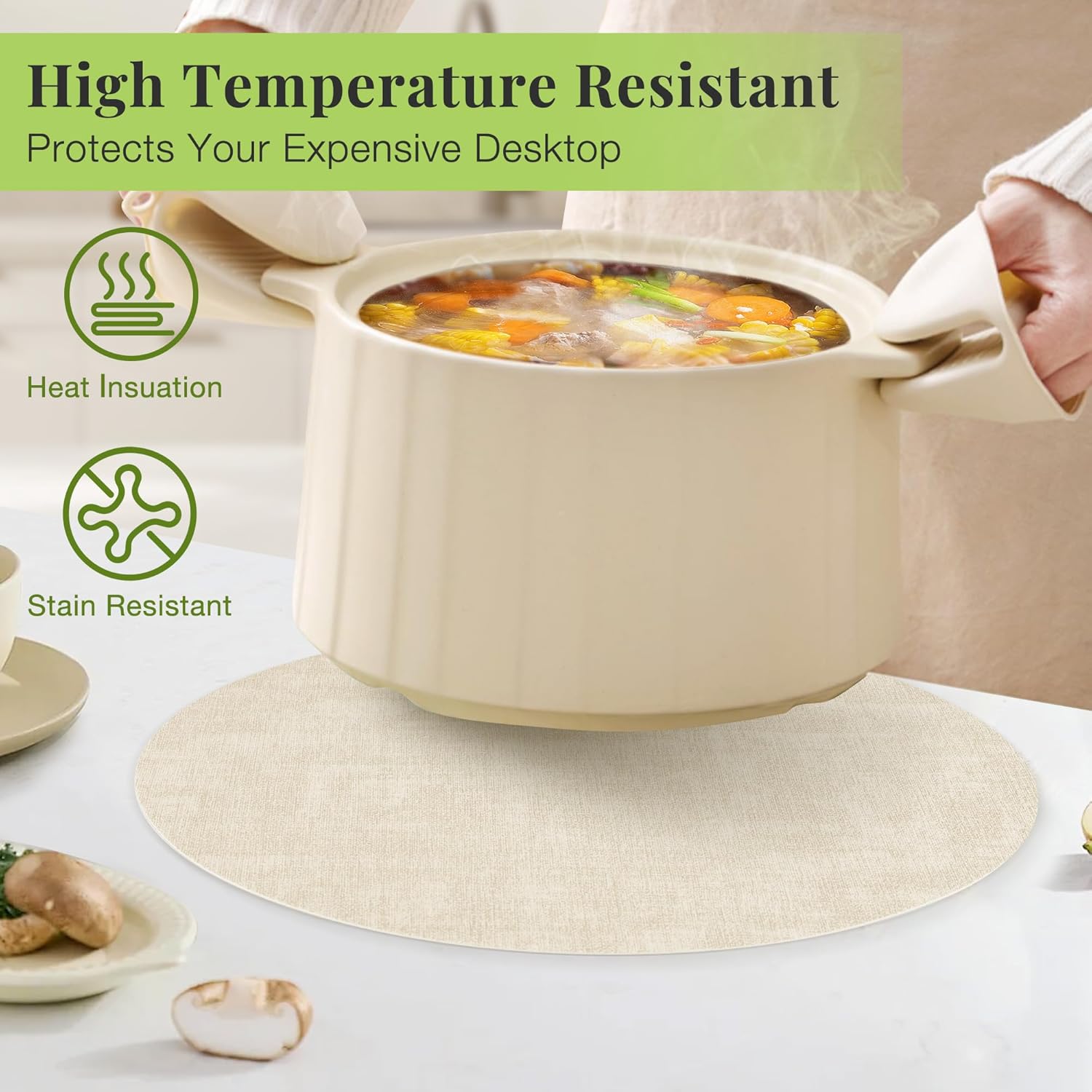 13-Inch Faux Leather Round Placemats Set of 12, Waterproof Anti-Slip Dual Sided Place mats, Heat Resistant Washable Table Mats with Coaster, Suitable for Indoor & Outdoor (12, Black Beige)