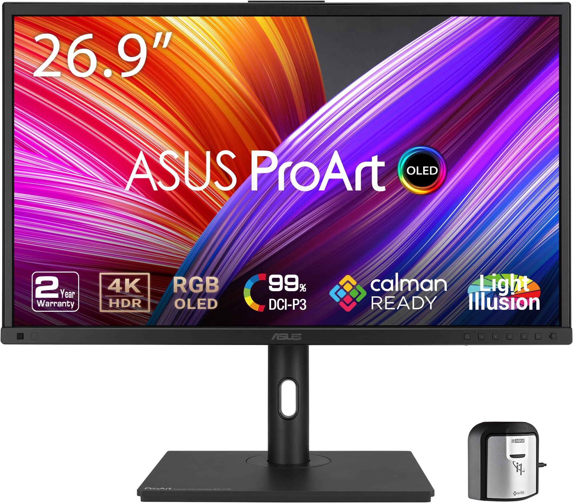 ProArt Display 27”4K HDR RGB OLED Professional Monitor (PA27DCE-K) - UHD (3840 x 2160), 99% DCI-P3, HLG, ΔE < 1, USB-C PD 80W, Hardware Calibration, Calman Ready, X-rite i1 Display Pro Calibrator