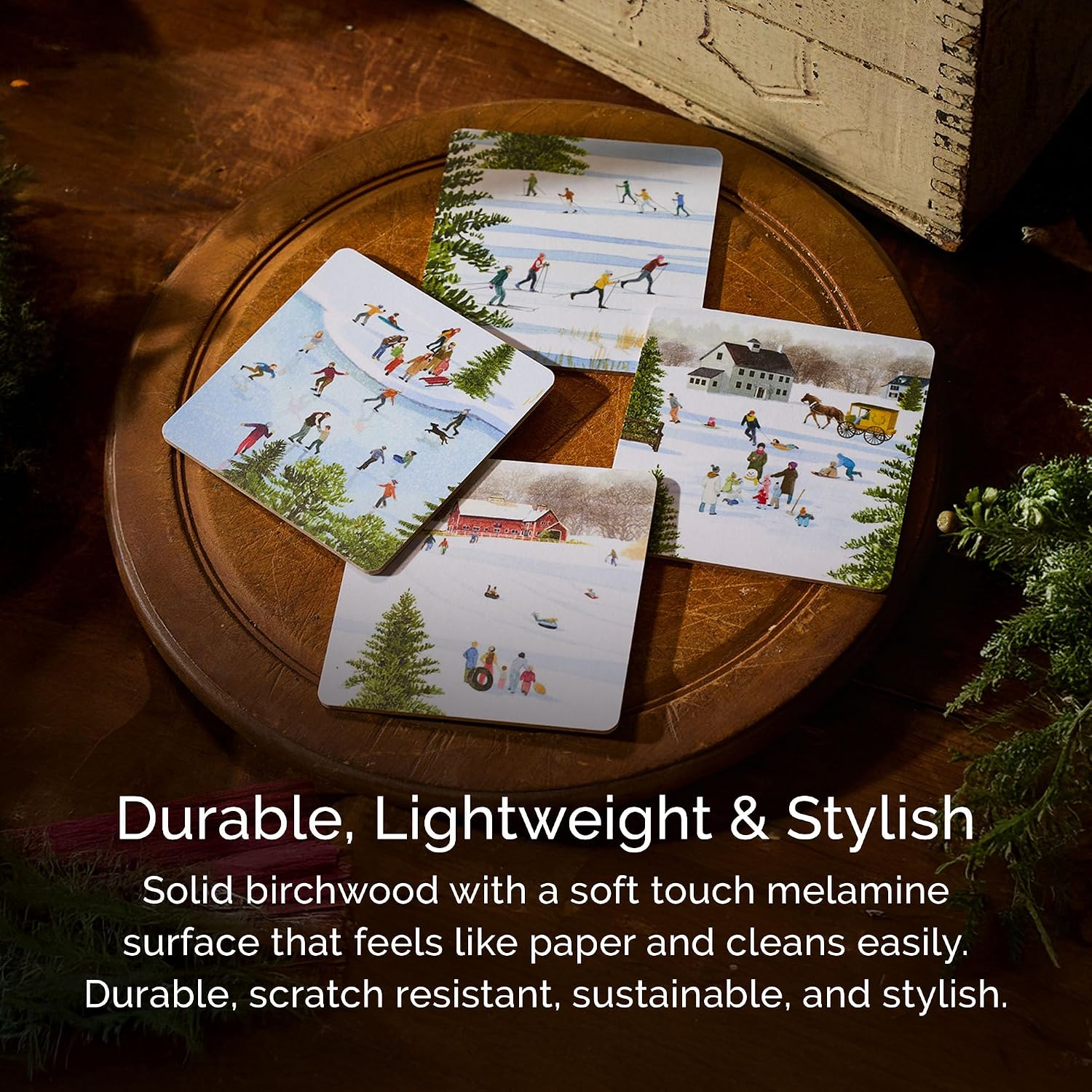 Caskata X Felix Doolittle Winter Birchwood Square Coasters, Boxed Set of 4 | Birchwood and Wipeable Melamine | Perfect for Home, Entertaining, Gifts | Blue and White, 4W X 4L