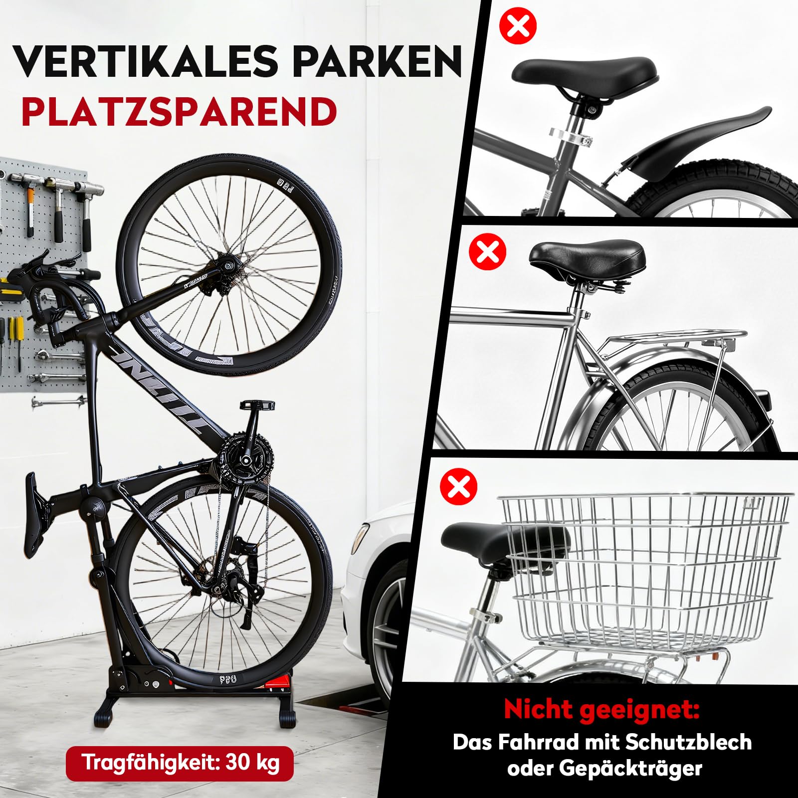 Freistehender Fahrradständer, Fahrradhalterung Boden Vertikal, Hinterrad und Vorderrad Ausstellungsständer Abstellständer, Ideal für Ihre Garage, Ihr Haus oder Ihr Fahrradgeschäft