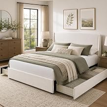 VELOCAVA Full Upholstered Storage Bed Frame with Drawers, Linen-Look Platform Bed Frame with 4 Under Bed Storage Drawers, Soft Curved Wingback Headboard, No Box Spring Needed, Linen Beige