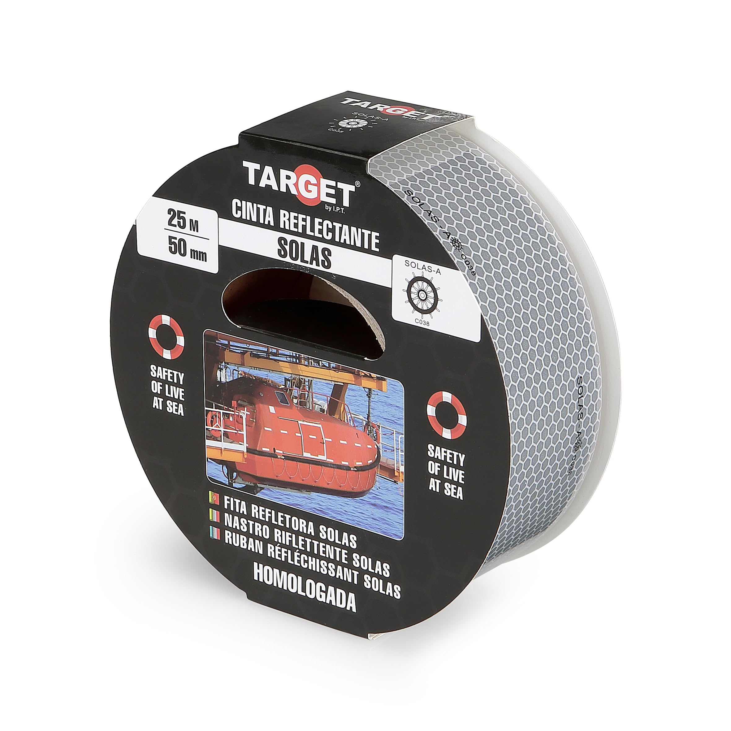 TARGET CRB2550B - Nastro riflettente SOLAS - 25 metri x 50 millimetri - Barche - Imbarcazioni - Sicurezza marittima - Omologata - Adesiva - Segnalazione - Alta Visibilità - Segnalazione