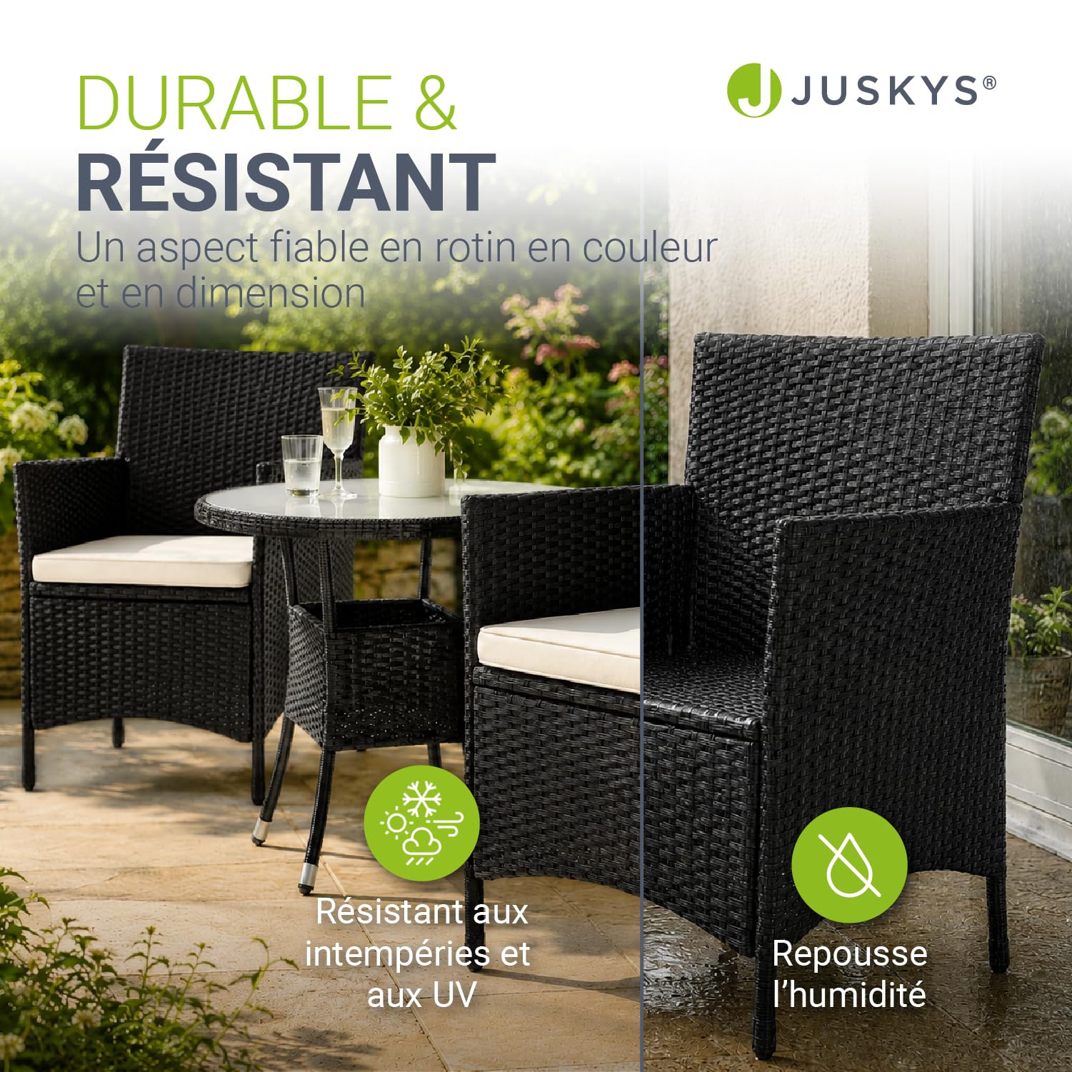 Juskys Ensemble de Balcon en rotin synthétique Bayamo 3 pièces – Meubles de Balcon résistant aux intempéries avec Table, 2 chaises et Coussins – Meubles de Jardin pour 2 Personnes – Noir/crème