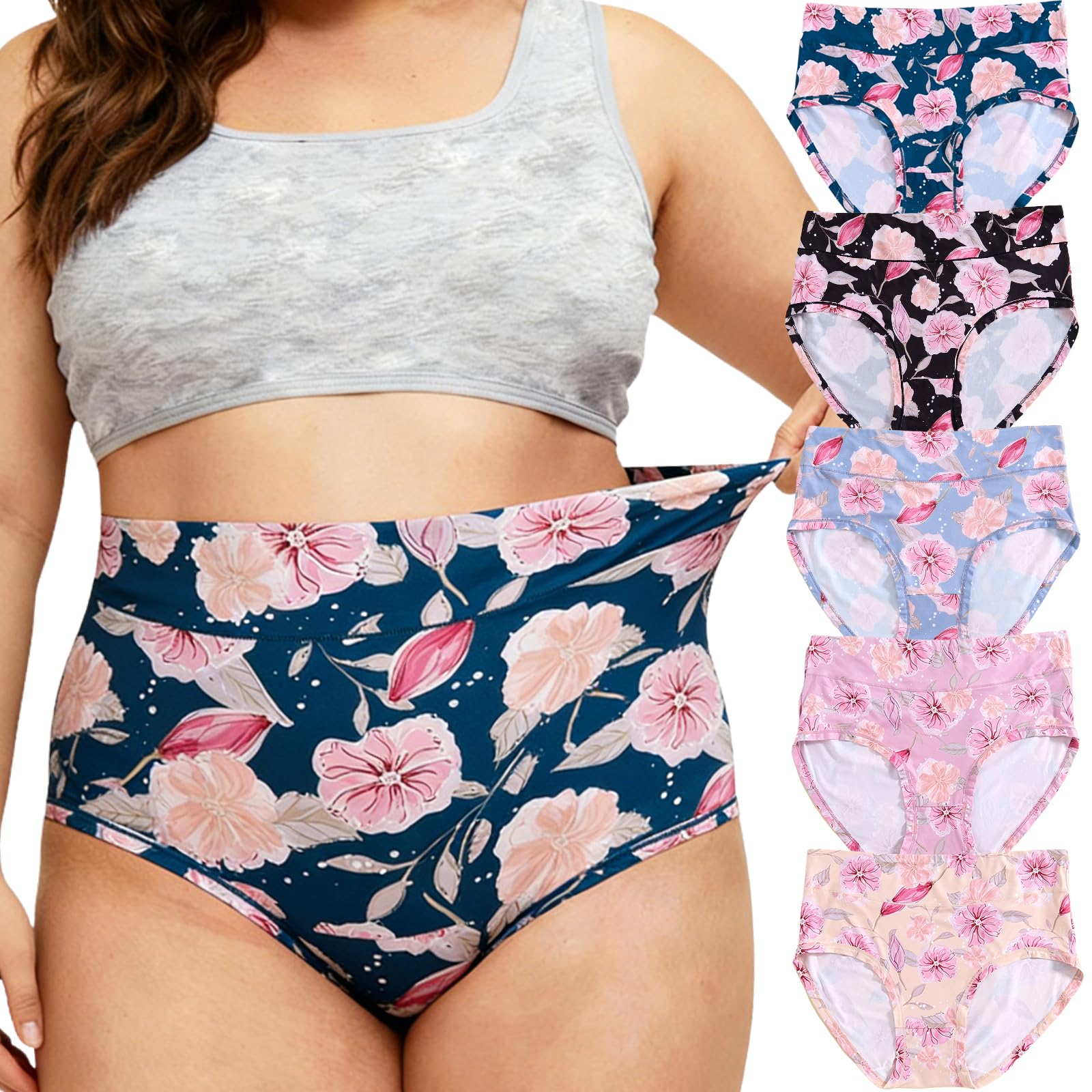 Womens Underwear Plus Size XL-5XL Briefs Panties Rose Floral 5-Pack