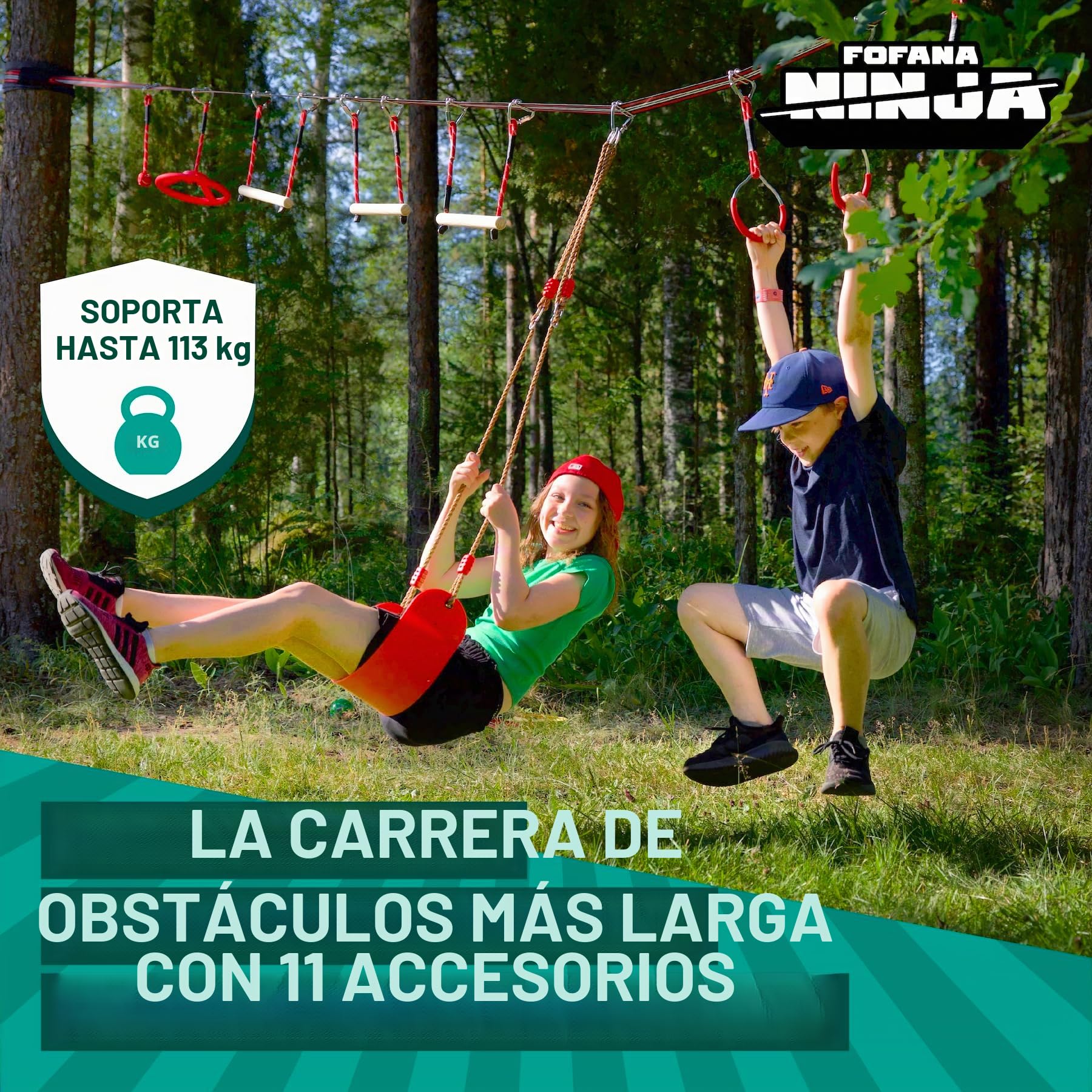 Ninja Warrior Obstacle Course for Kids Outside - 19.8 Meters, Including Ninja Slider - 11 Obstacles - Climbing Ladder, Spinning Wheel, Gym Ring