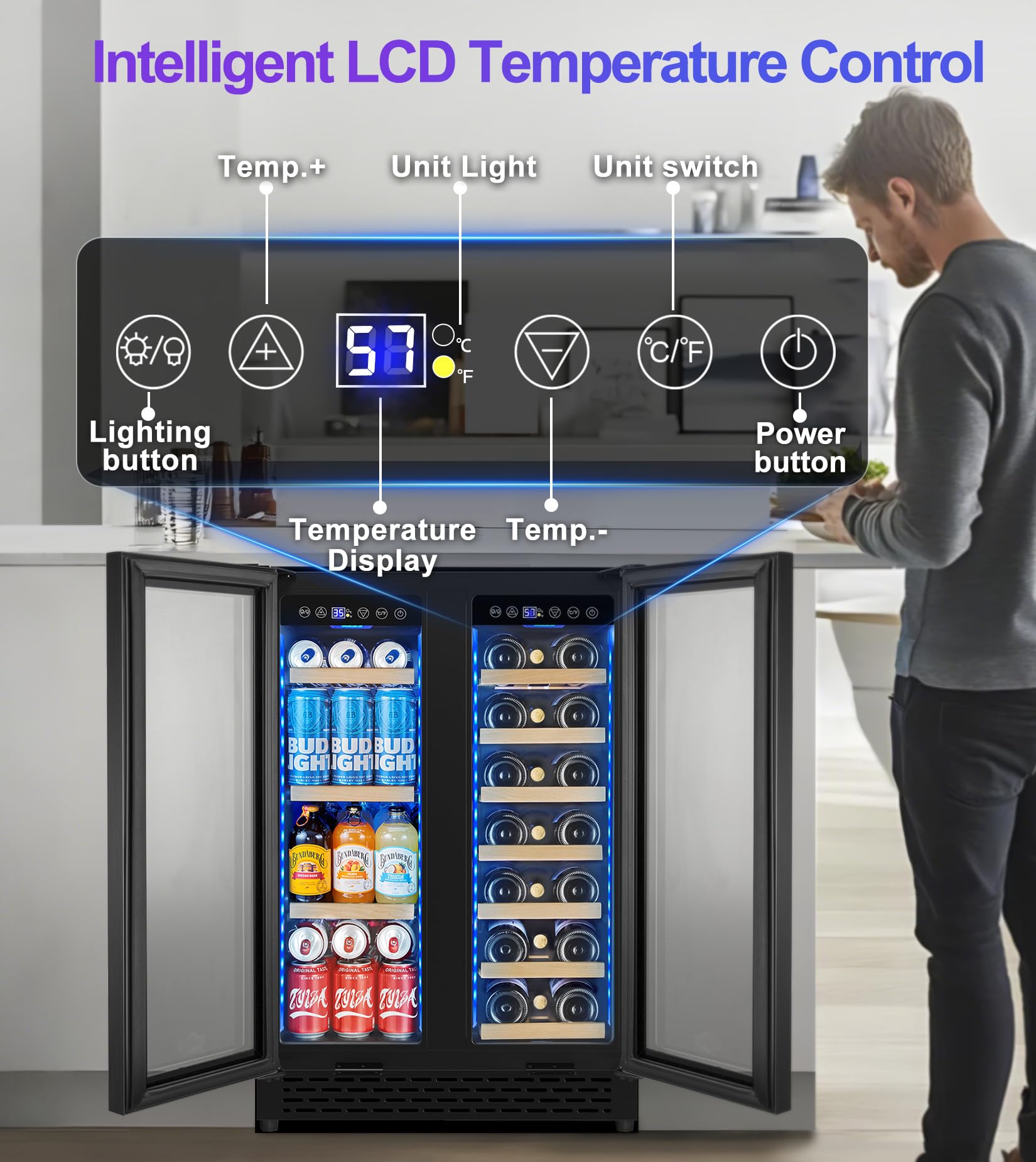 24 Inch Wine And Beverage Refrigerator, Dual Zone Wine Cooler Black, Undercounter Built-In Freestanding Drink Fridge With 3 LED Light, 88 Cans And 21 Bottles Capacity, For Beer Soda Kitchen Office on Fridge.com - View 2