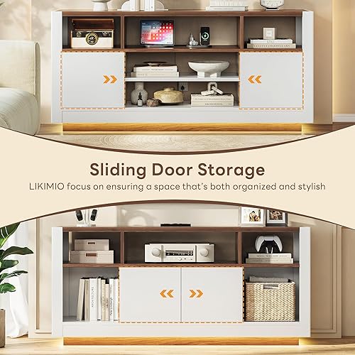 Miniatura 5 de LIKIMIO Moderno soporte de TV para TV de 70 pulgadas, centro de entretenimiento con estación de carga y luces LED, consola multimedia con puertas