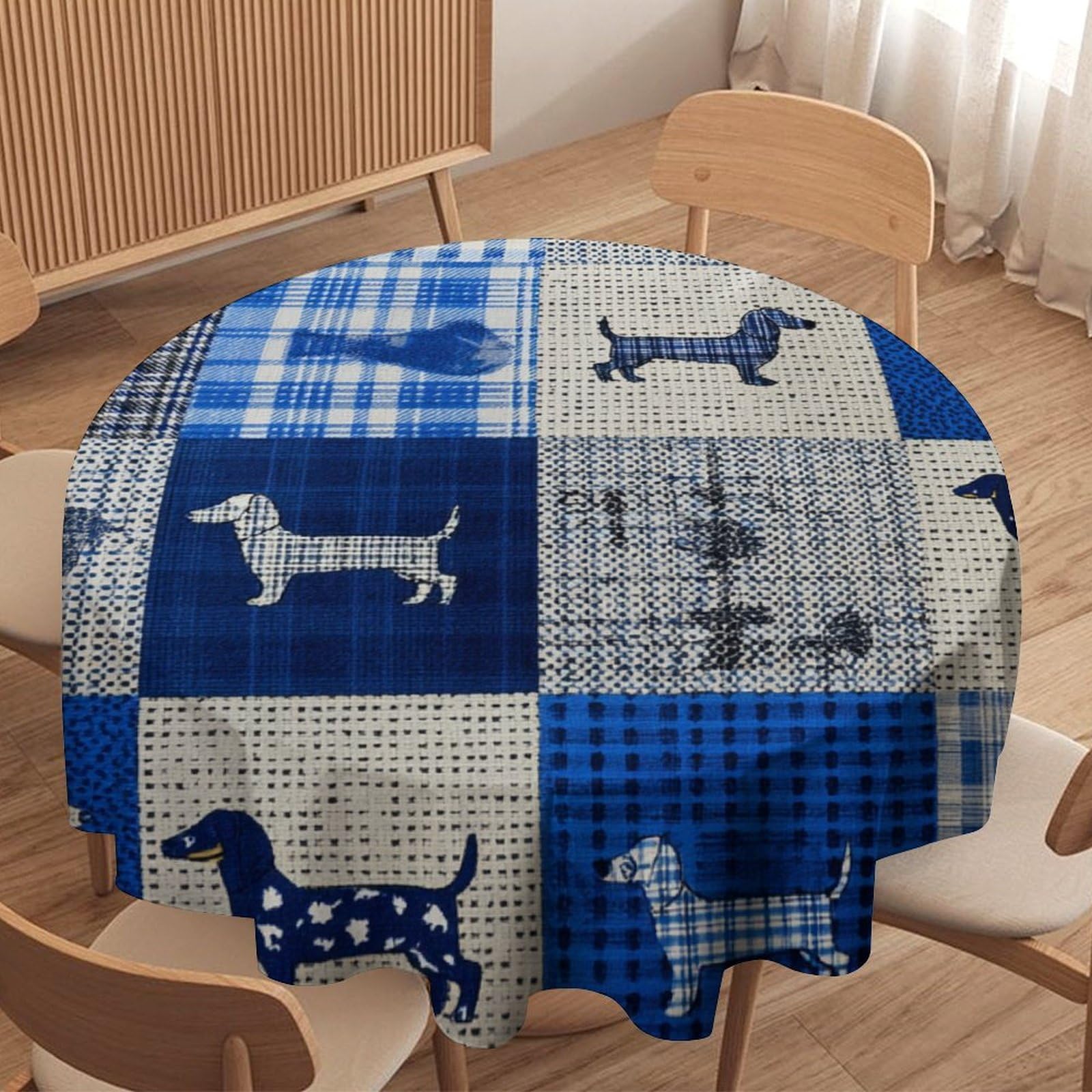 LUYYSKY Classic Cartoon Dog Silhouette Round Tablecloth Oil Painting Retro Patchwork Art Animals Dog Puppies Washable Decor for Table Cover for Kitchen-127 Wx127 L cm