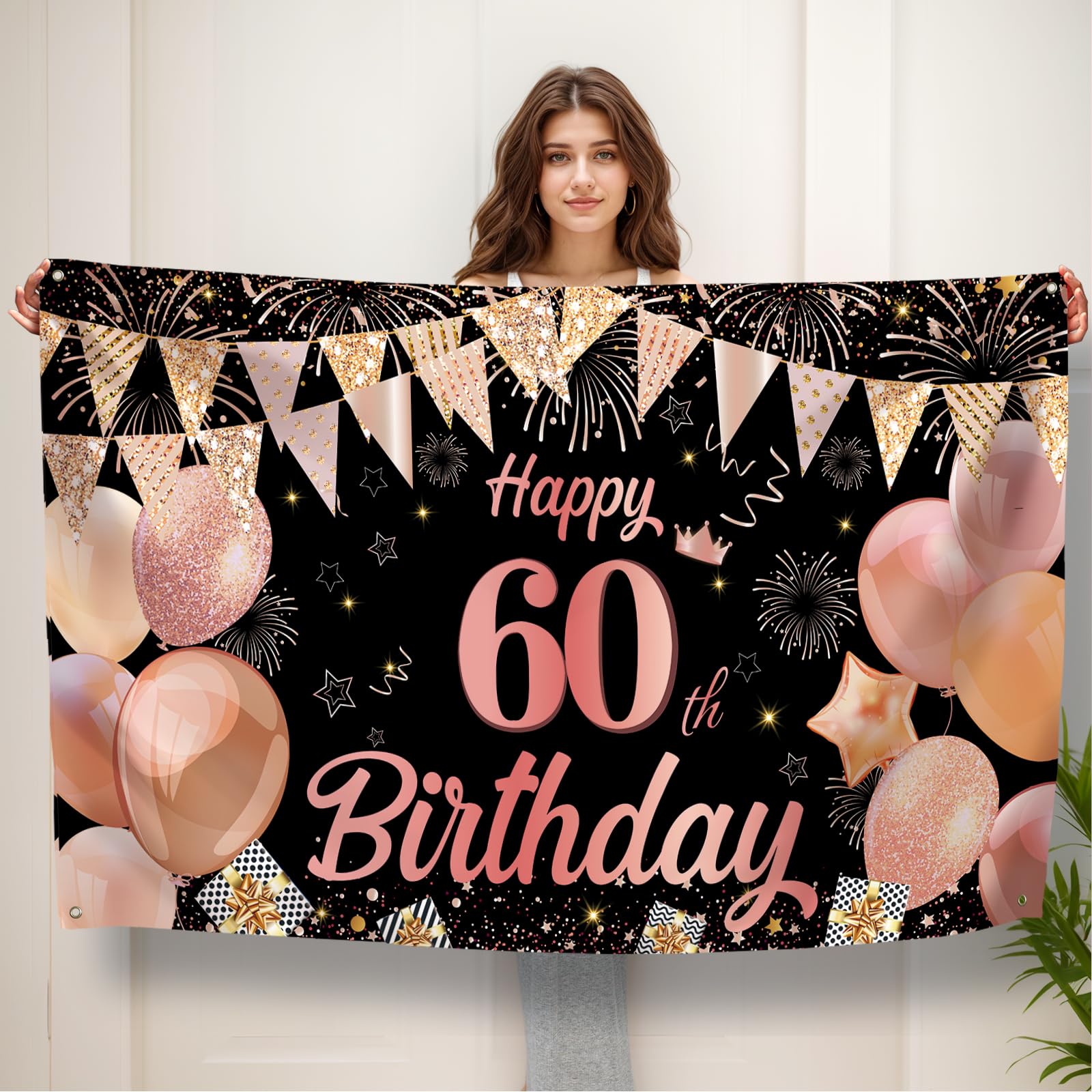 Koliphy 60th Birthday Banner, Happy 60th Birthday Banner Backdrop Decorations Handheld Extra Large Party Background Decor Sign Poster for Men & Women(Black Rose Gold)