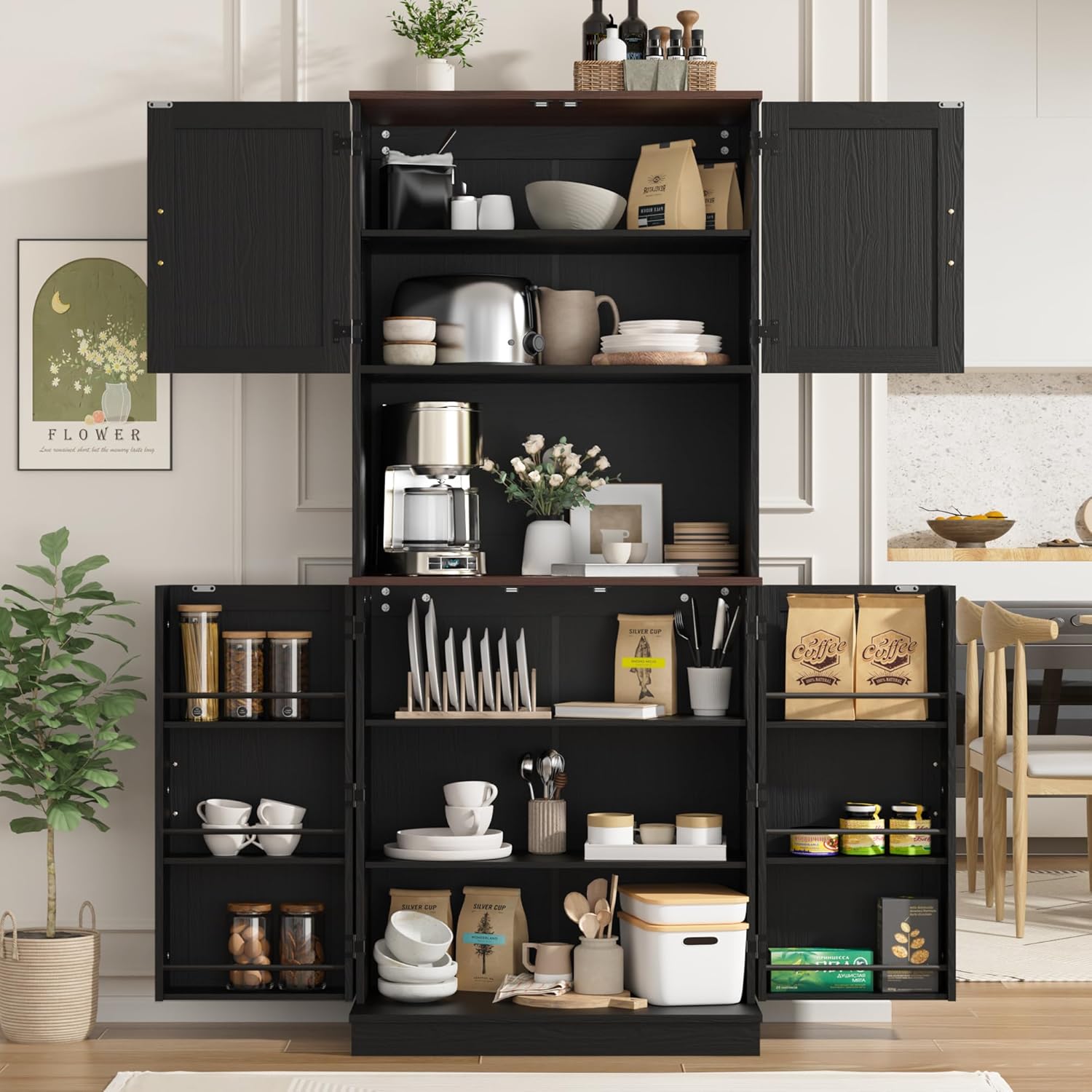 MHOM 71" Tall Kitchen Pantry Cabinet, Farmhouse Kitchen Storage Cabinet with 6 Hanging Shelves and Adjustable Shelves, Freestanding Cupboard for Dining Room, Rustic Black