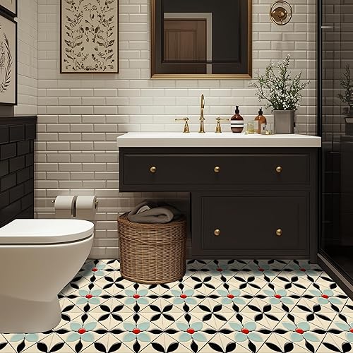 Miniatura 4 de 10 azulejos de piso de pétalos azules con diseño floral retro floral rojo centro azul de pétalos para despegar y pegar, autoadhesivas,