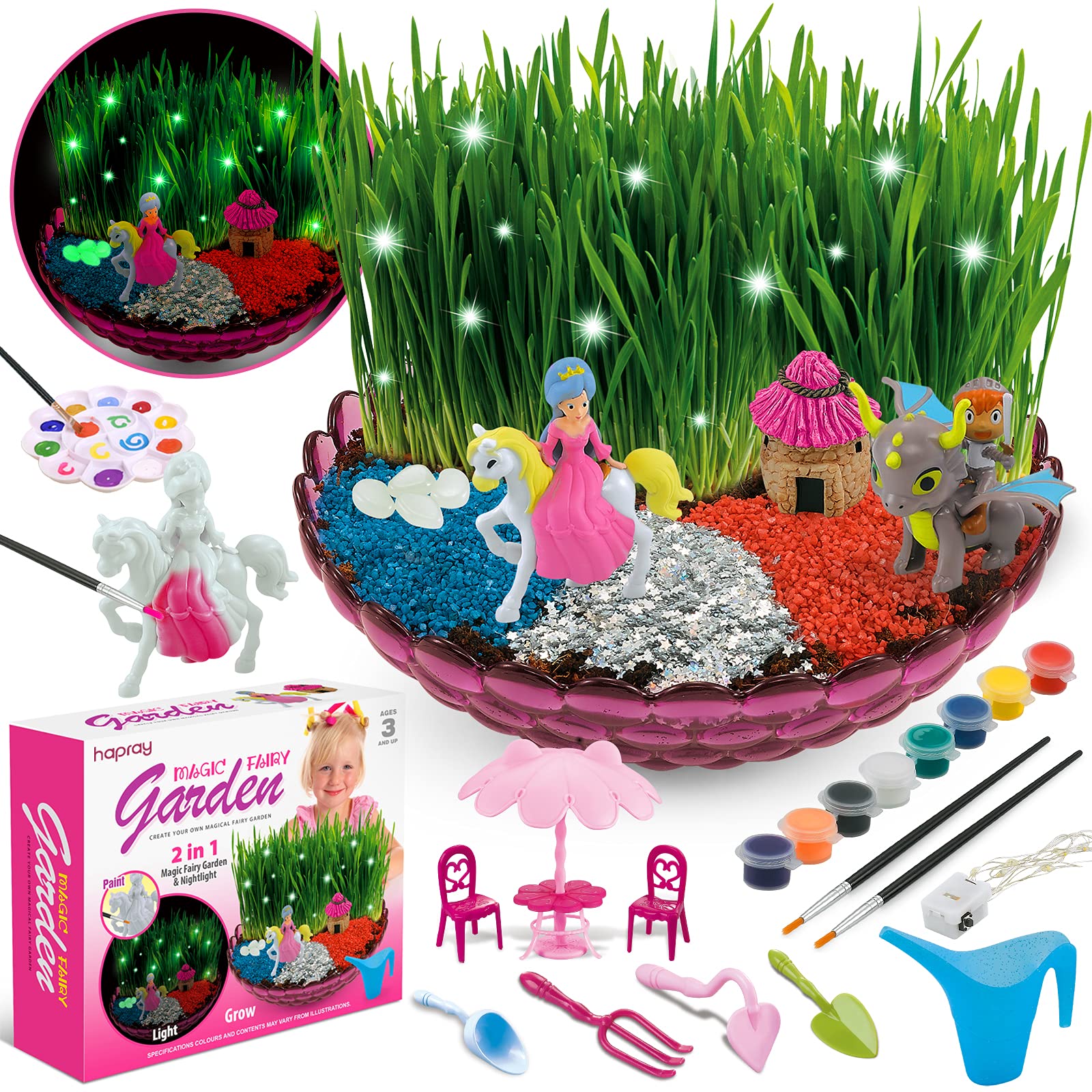 hapray Enchanted Fairy Garden Craft Kit - Fairy Crafts for Kids, with Princess and Knight, Light-Up Fairy Lights, Plant & Grow Growing Kits Science Set - Children All Ages Both Girls and Boys