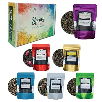 Spriley Tea Top 6 Favorites Sampler Set, Up to 60 Cups, No Caffeine to High Caffeine Variety Packs with Green, Herbal, Black & Chai Brews, Hot & Iced, 6 Resealable Sample Pouches Colors of Tea