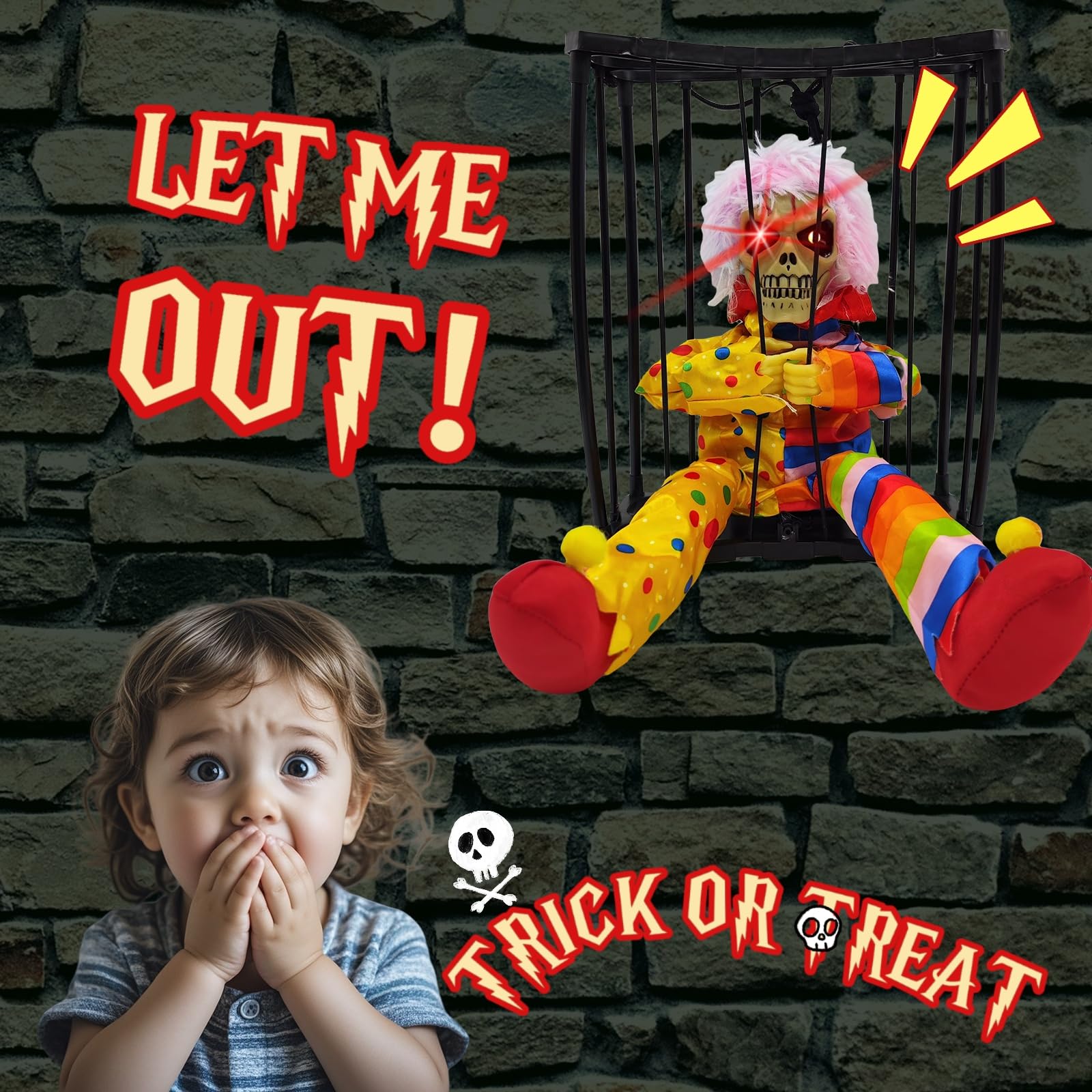 Clown maléfique lumineux cage décoration Halloween suspendre fantôme hurlant