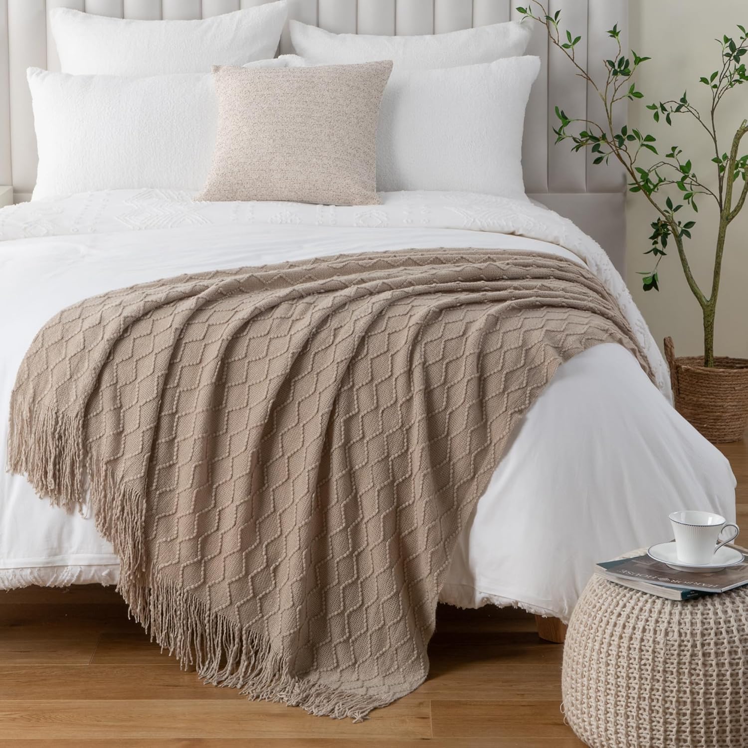 BATTILO HOME Khaki Throw Blankets for Couch, Taupe Lightweight Decorative Blankets and Throws, Boho Warm Knit Blanket for Men and Women, 50"x60" - Image 9