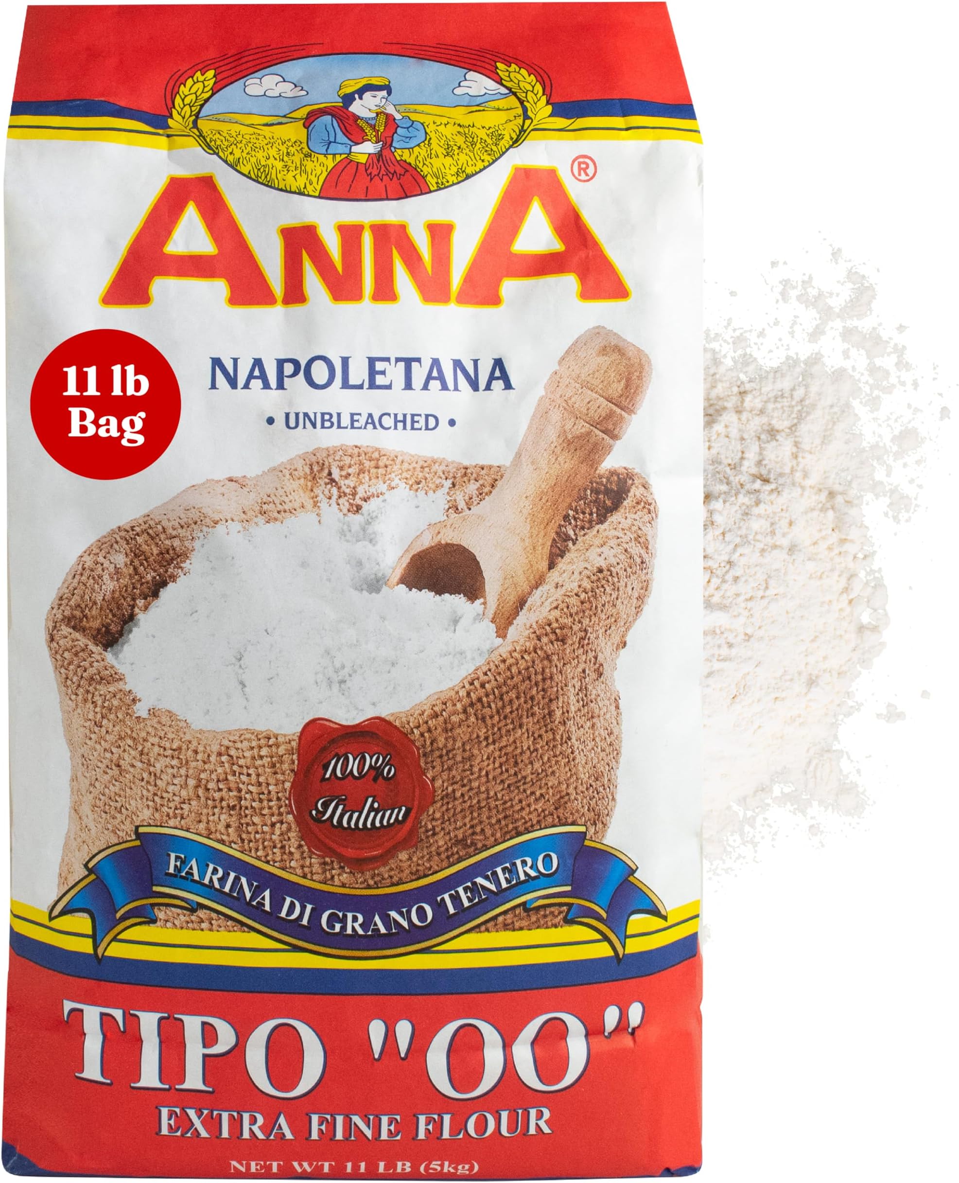Cento Anna Tipo 00 Flour, 11 Lbs., Extra Fine, Unbleached, Soft Wheat Flour, Perfect for Pizza Crust, Pasta & Bread, Grown and Processed in Italy