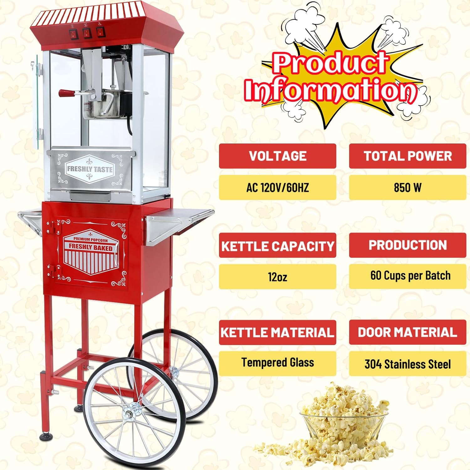 12oz Popcorn Machine with Cart, 12oz Popper Stainless-Steel Kettle & Warming Light, Christmas Gifts, Home Theater Gifts for Family Gatherings, Movie Theaters & Amusement Parks, Red