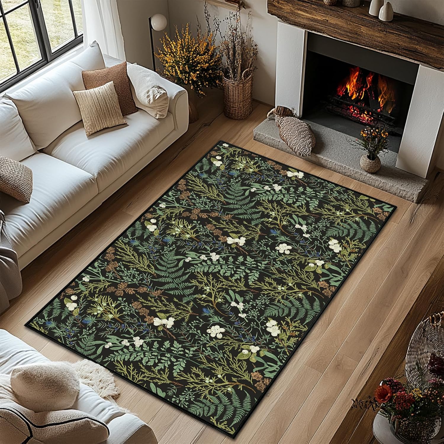 Black Green Area Rug 3x5,Botanical Print Bedroom Rugs,Ultra-Thin Washable Throw Carpet Plant Leaf Printed Entry Mat Indoor Non Slip Accent Floor Carpets for Bedroom,Living Room,Office
