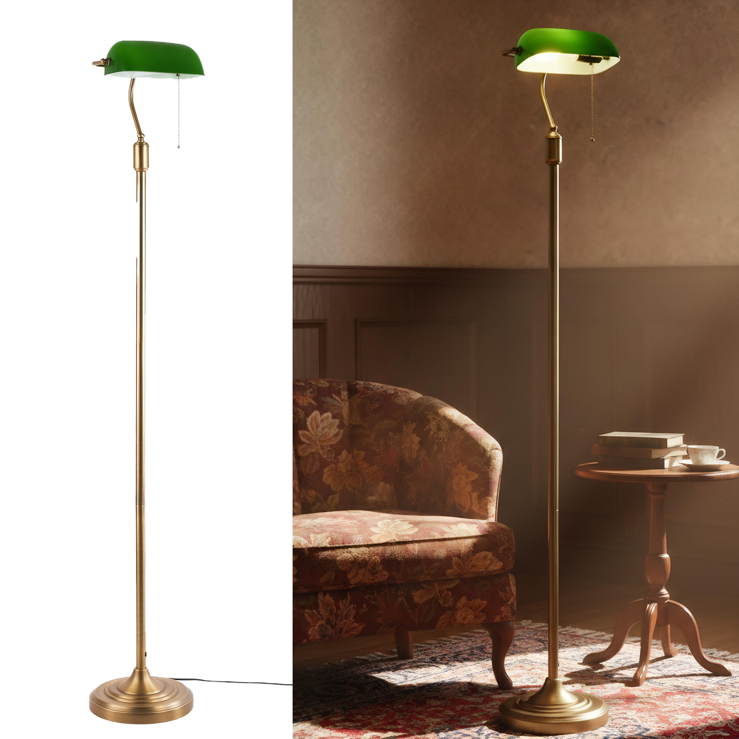 BARCELONA LED Vintage Lampa Podłogowa Bankierska – Klasyczny Zielony Szklany – Lampa Stojąca E27 z Włącznikiem Łańcuszkowym i Regulowanym– Retro Lampa do Salonu, Biura, Biblioteki i Sypialni