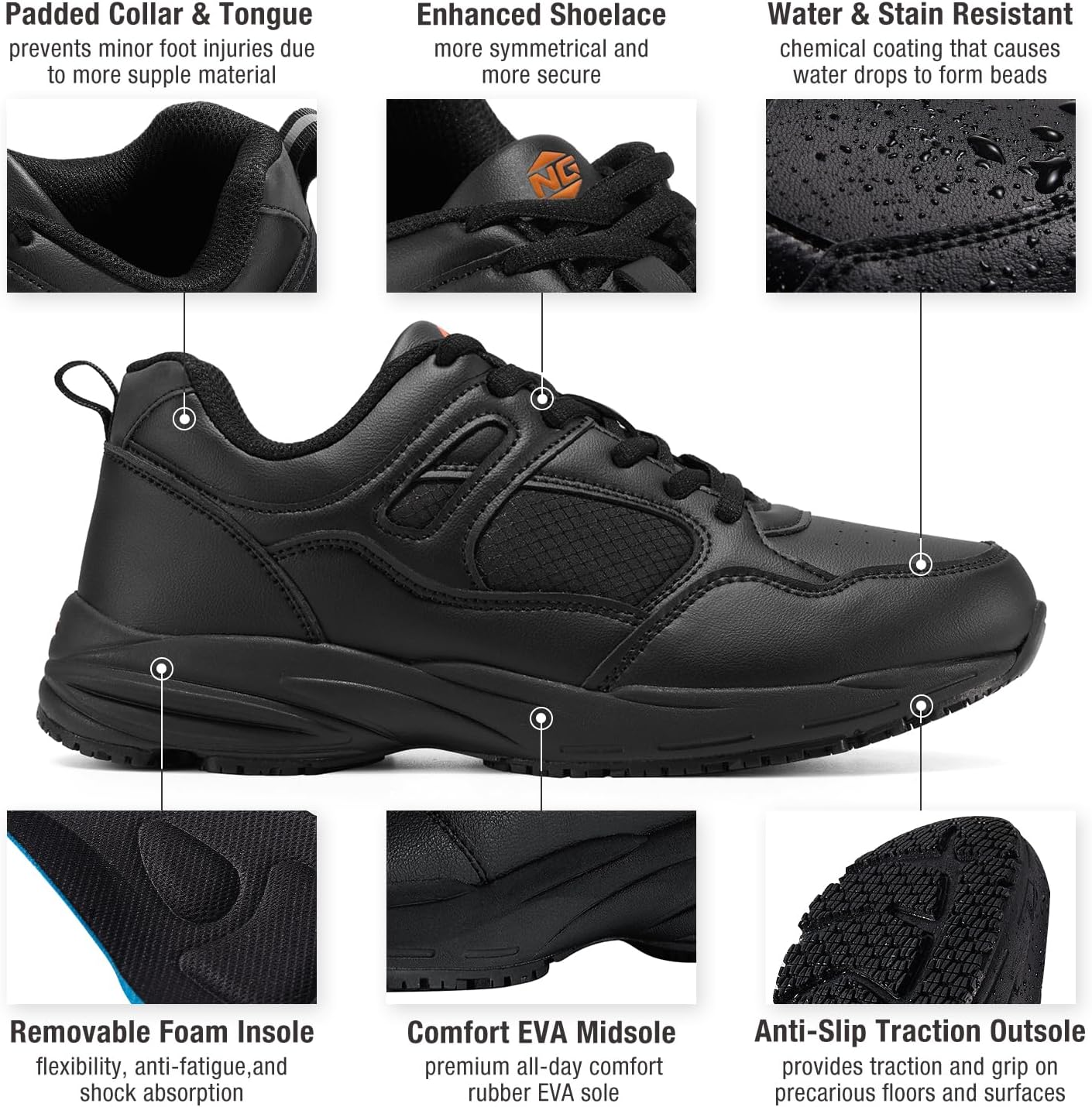 NINGO Non Slip Work Shoes for Men, Slip Resistant Mens Work Shoes, Water & Oil Resistant Kitchen Shoes for Men, Lace-Up Lightweight Work Sneakers for Chef, Restaurant, Warehouses - Image 4