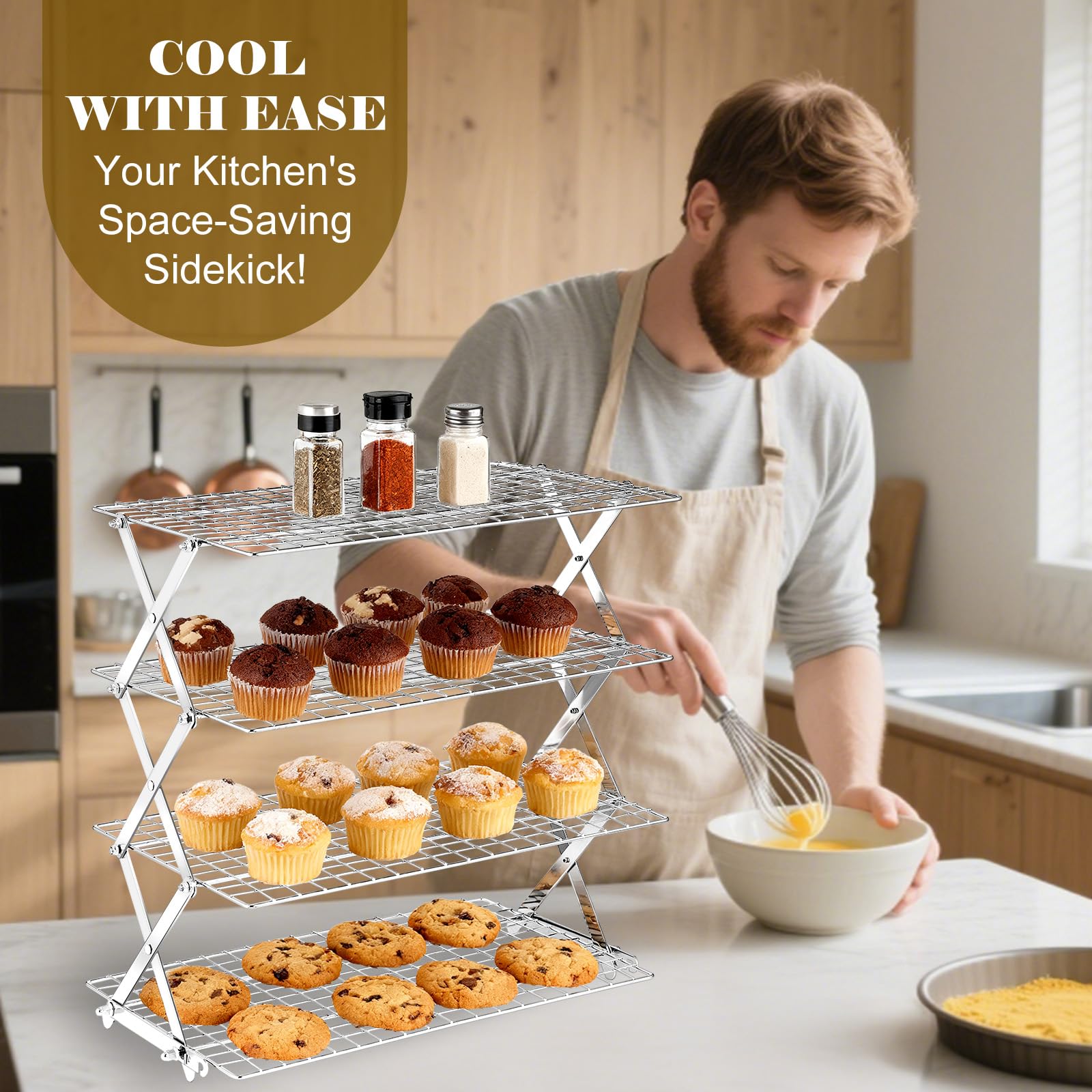 Grille de refroidissement pliable à 4 niveaux – Grille de cuisson réglable en acier inoxydable avec maille anti-fuite, structure en forme de X pour la cuisine et la pâtisserie, passe au lave-vaisselle