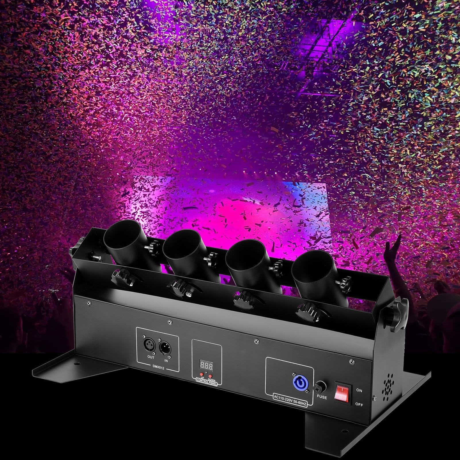 Confetti Machine,4 Heads Professional Confetti Blower with LED Lights - DMX Remote Control Confetti Transmitter Confetti Shooter for Christmas Wedding Event