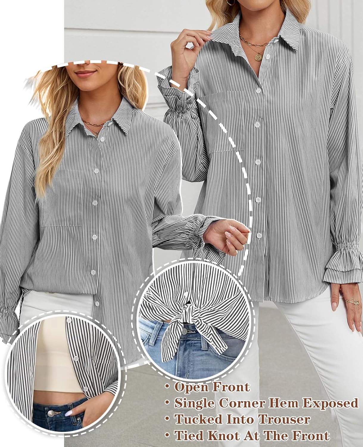 whoinshop Women's Striped Button Down Shirts Oversized Smocked Cuffed Boyfriend Shirt Puff Sleeve Blouse Top with 3 Pockets - Image 5