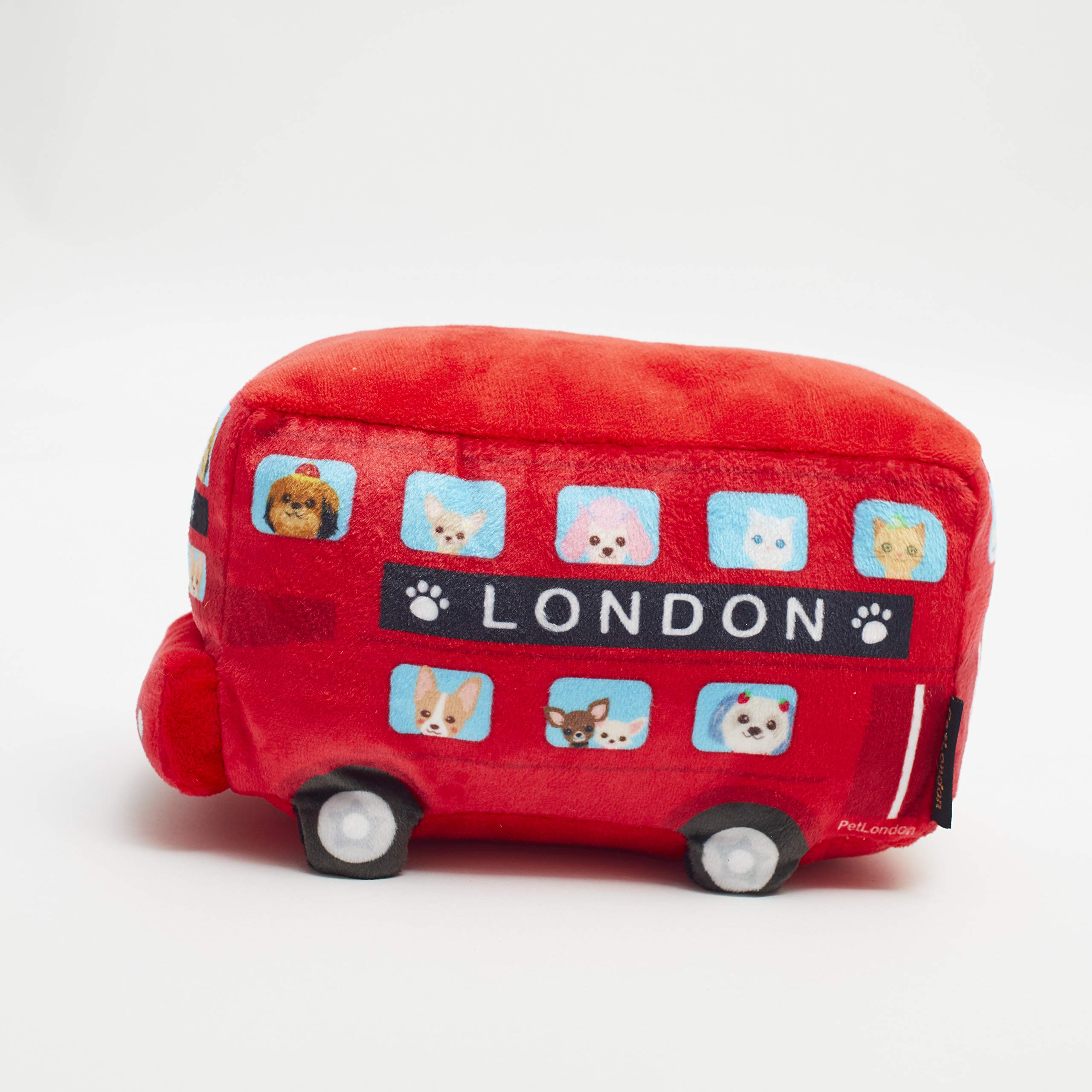 PetLondon - Giocattolo per cani in morbido peluche a forma di autobus londinese, 22,9 cm, design 3D con bulldog, barboncino, chihuahua, pomerania, bassotto nella finestra