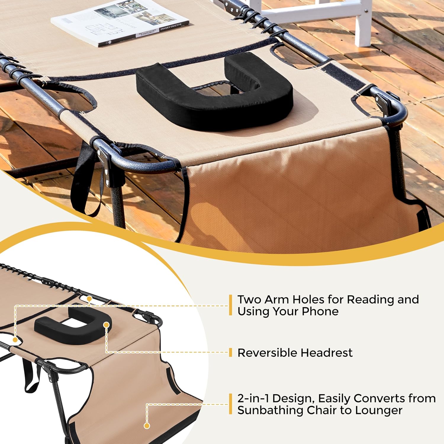 Yaheetech 26.4" Tanning Chair with Face Hole, Adjustable 5-Position Folding Chaise Lounge Chairs, Outdoor Lounge Chairs for Lawn, Beach, Patio, Beige