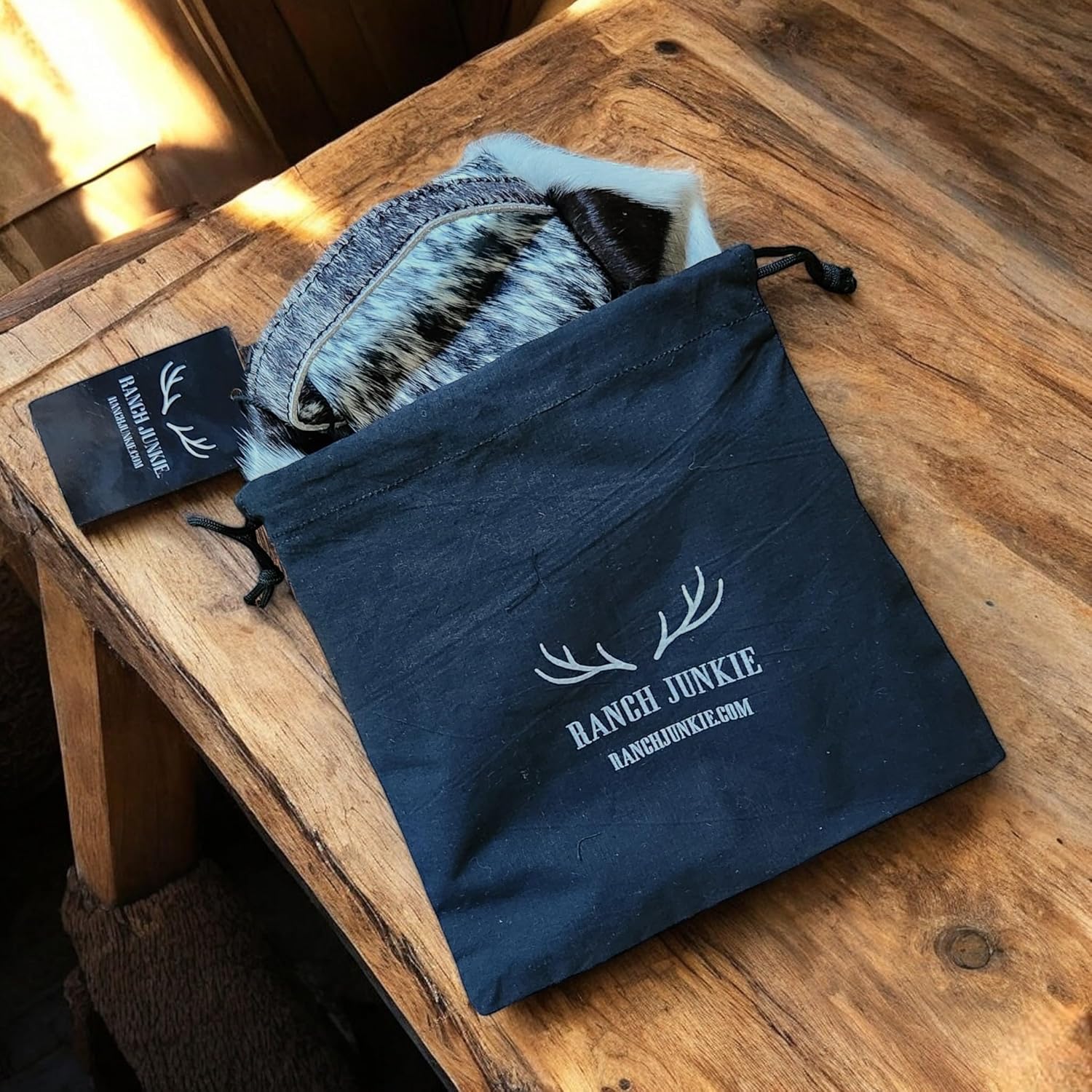 Ranch Junkie Mercantile Genuine Cowhide Handcrafted Cosmetic Pouch Highlands Black Mix Cowhide Makeup Bag
