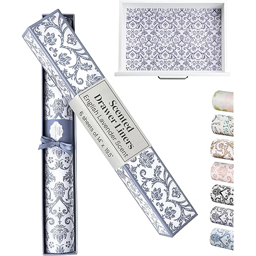 Drawer Liner Paper - 14" x 19.5", 6 Pack, Royal Damask, English Lavender - Non Adhesive Shelf Paper - Lavender Scented Drawer Liners for Bedroom Dresser - Scented Sheets