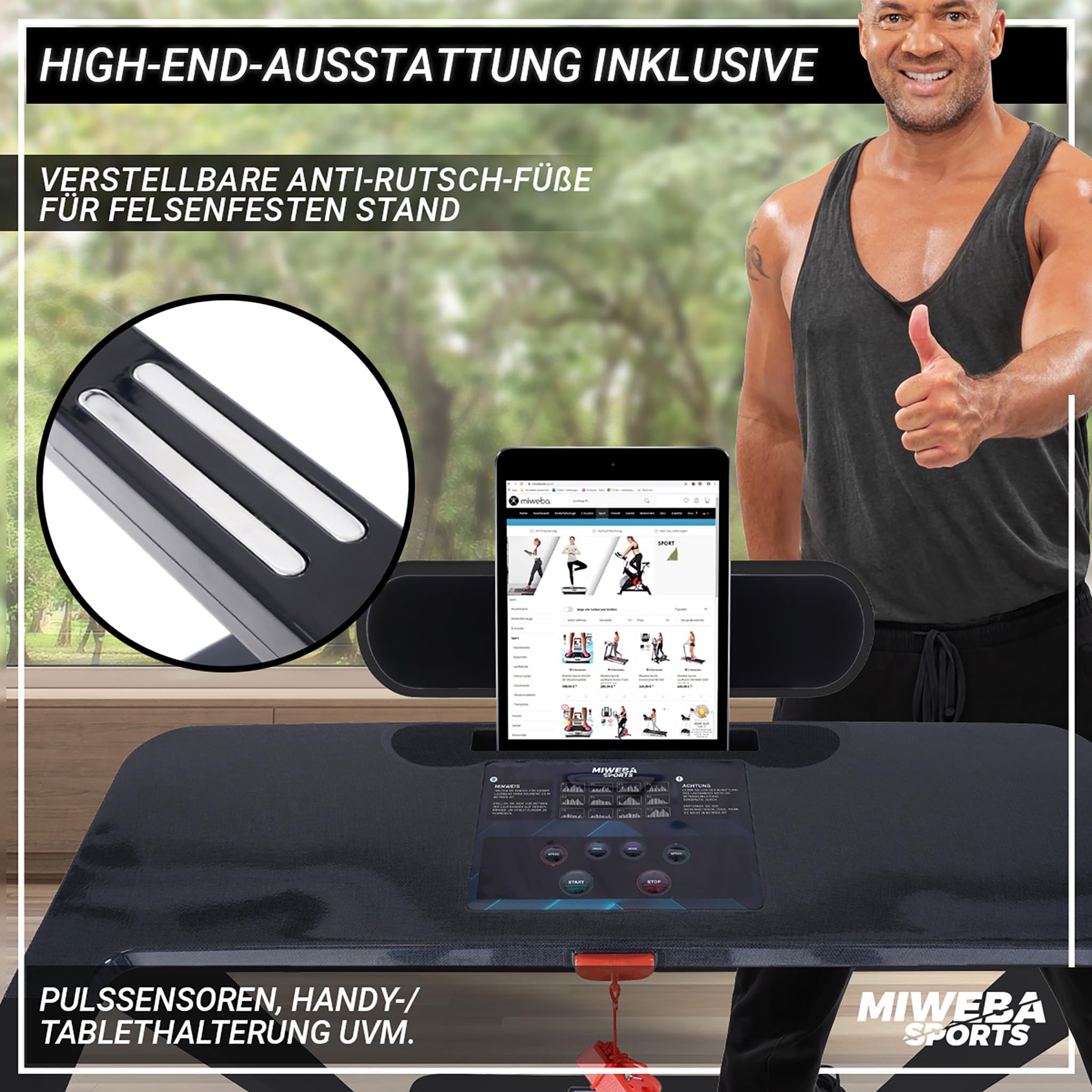 Miweba Sports elektrisches Laufband HT500 | 3 PS - 14 Km/h - Traglast 120.0 Kg - Klappbar - Große Lauffläche - LCD-Display - 12 Programme - Elektro-Laufband - Fitnessgeräte für Zuhause - Fitness