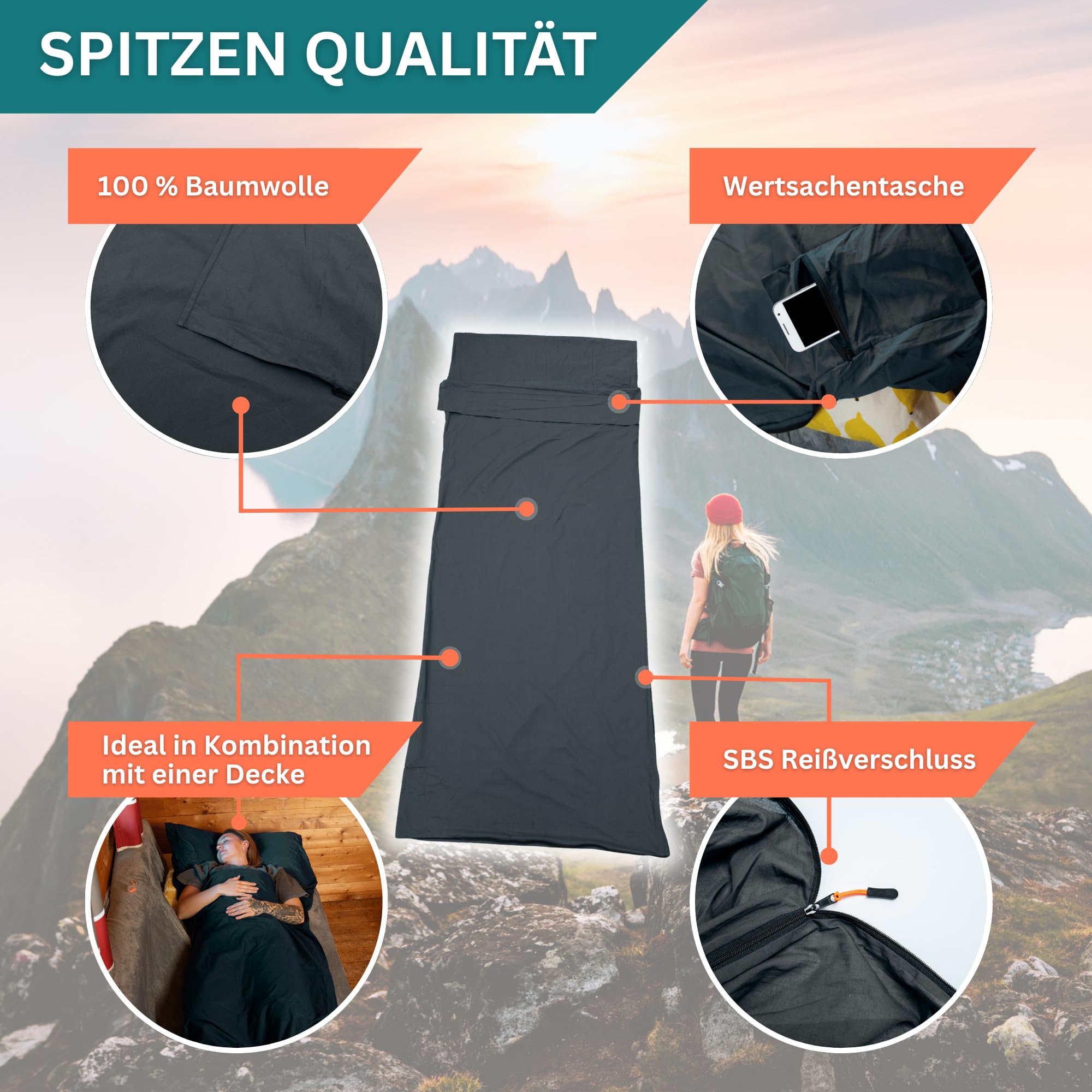Hüttenschlafsack Baumwolle Ultraleicht atmungsaktiv, Reiseschlafsack mit Kissenfach, grau