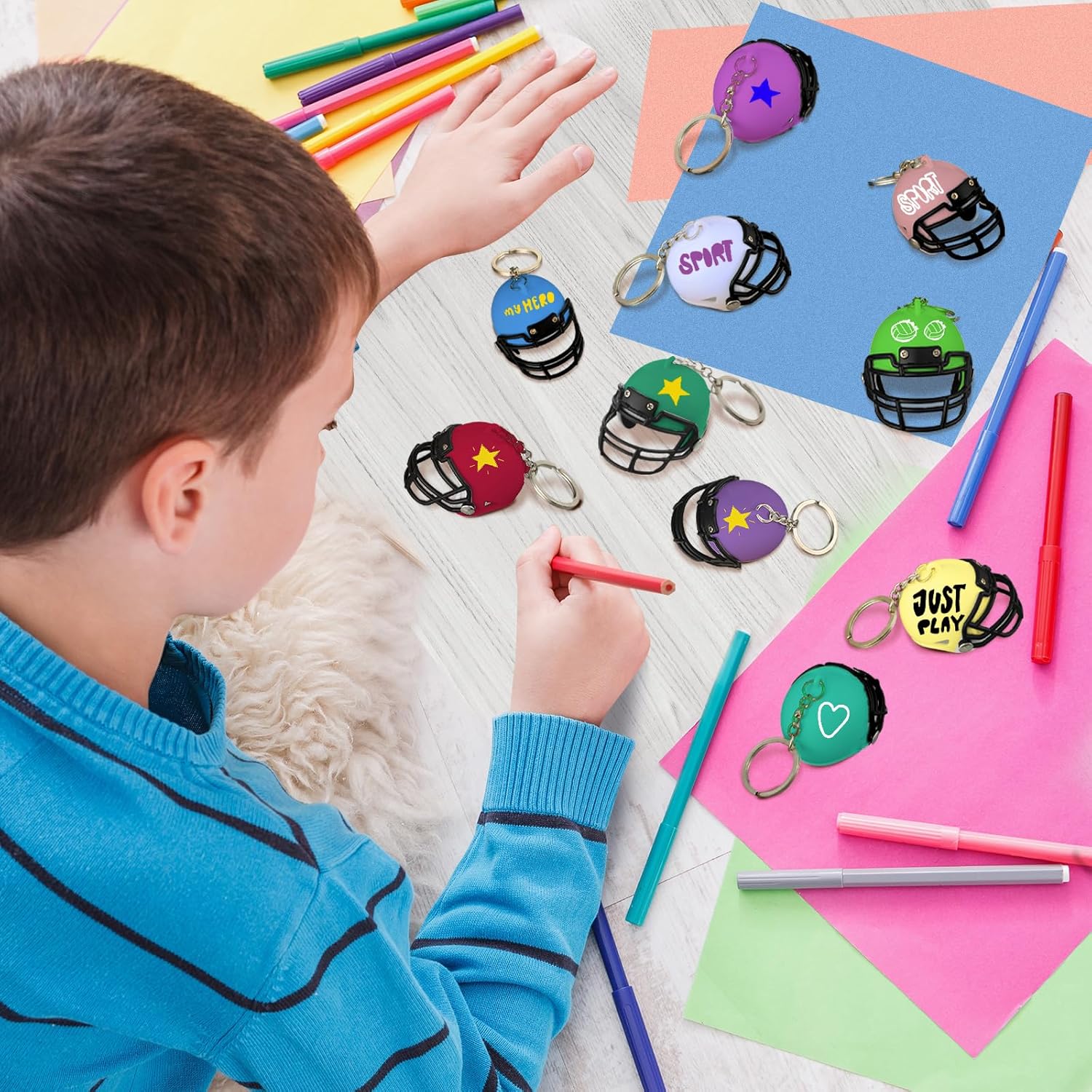 Zeyune 32 Pcs Mini Football Helmet Keychains Bulk Football Party Favors DIY Blanks Rugby Helmet Keychains Ornaments for Rugby Themed Birthday Party Favors Souvenirs DIY Painting Craft Team Gift