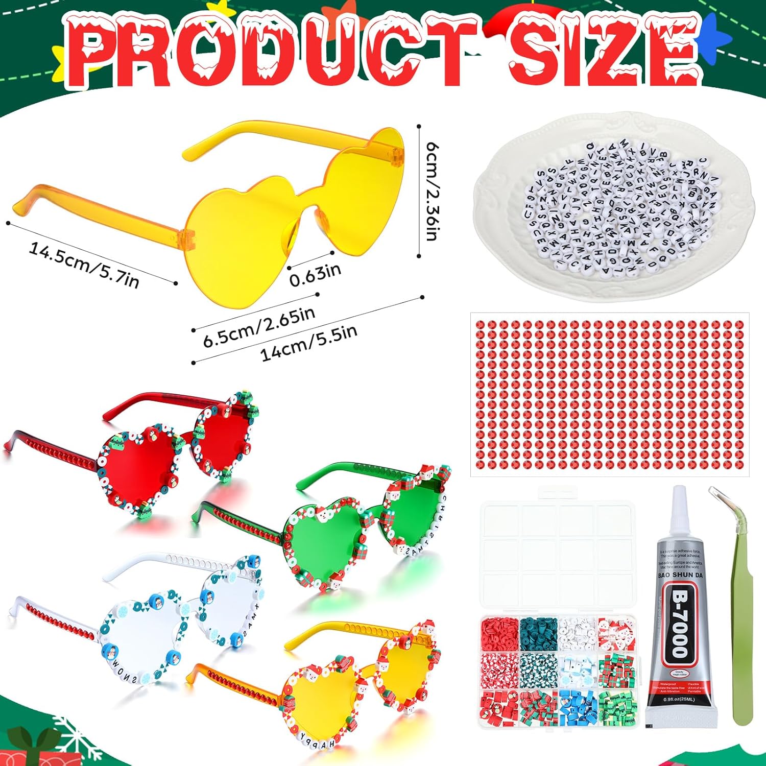 Flutesan 20 Pack Christmas Sunglasses DIY Heart Sunglasses for Women Beads Craft Kit Bulk Vintage Retro Accessories for Xmas Party Craft Favor Supplies - Image 2