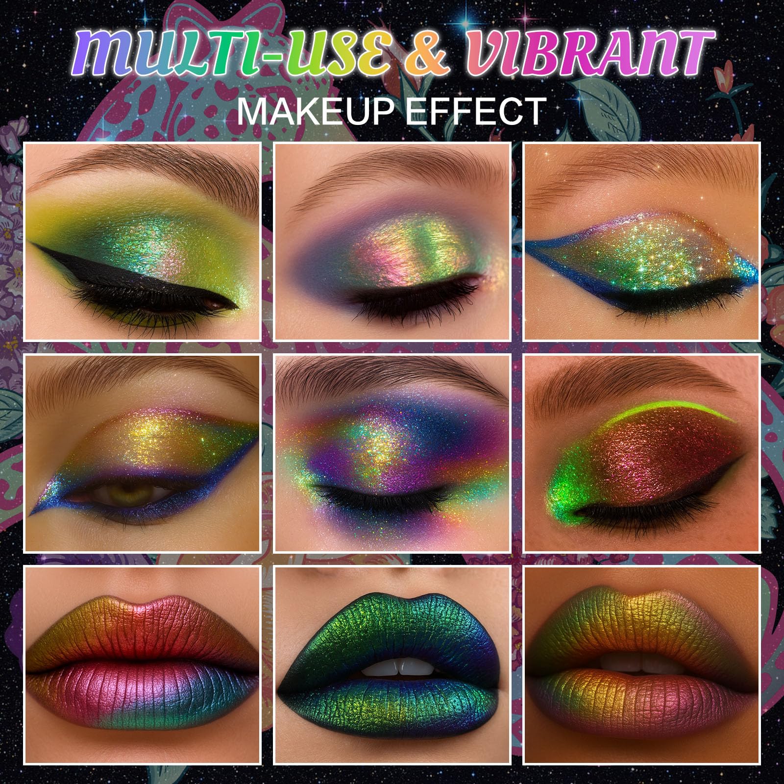 UCANBE Paleta cieni do powiek Chameleon Multichrome, 10 kolorów, odblaskowe, metaliczne cienie do powiek ze zmianą kolorów, różne możliwości zastosowania, różne kolory, holograficzne błyszczące cienie