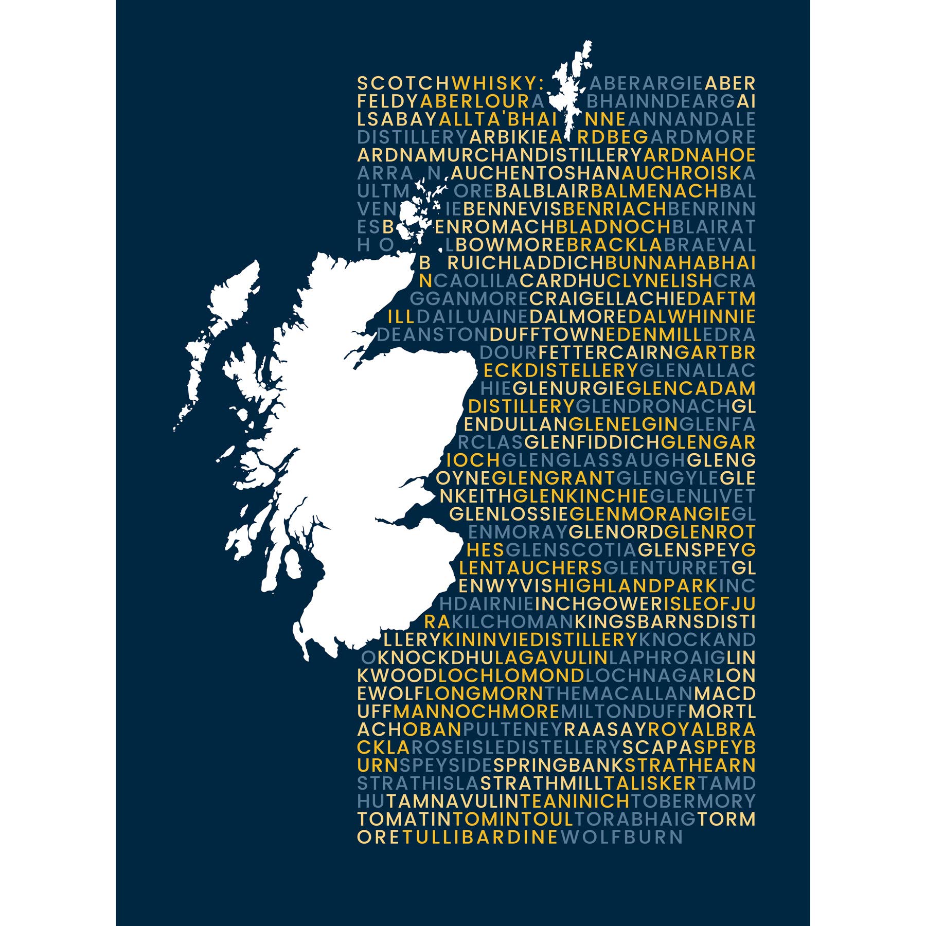 Wee Blue Coo Scotch Whisky Distilleries Map Large Wall Art Print 18X24