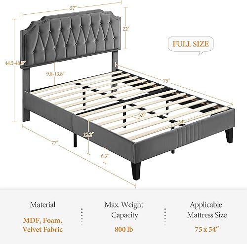 Miniatura 2 de Yaheetech Base de cama tamaño matrimonial, cama tapizada de terciopelo con cabecera curva, cabecera ajustable en altura, sin ruido, soporte de