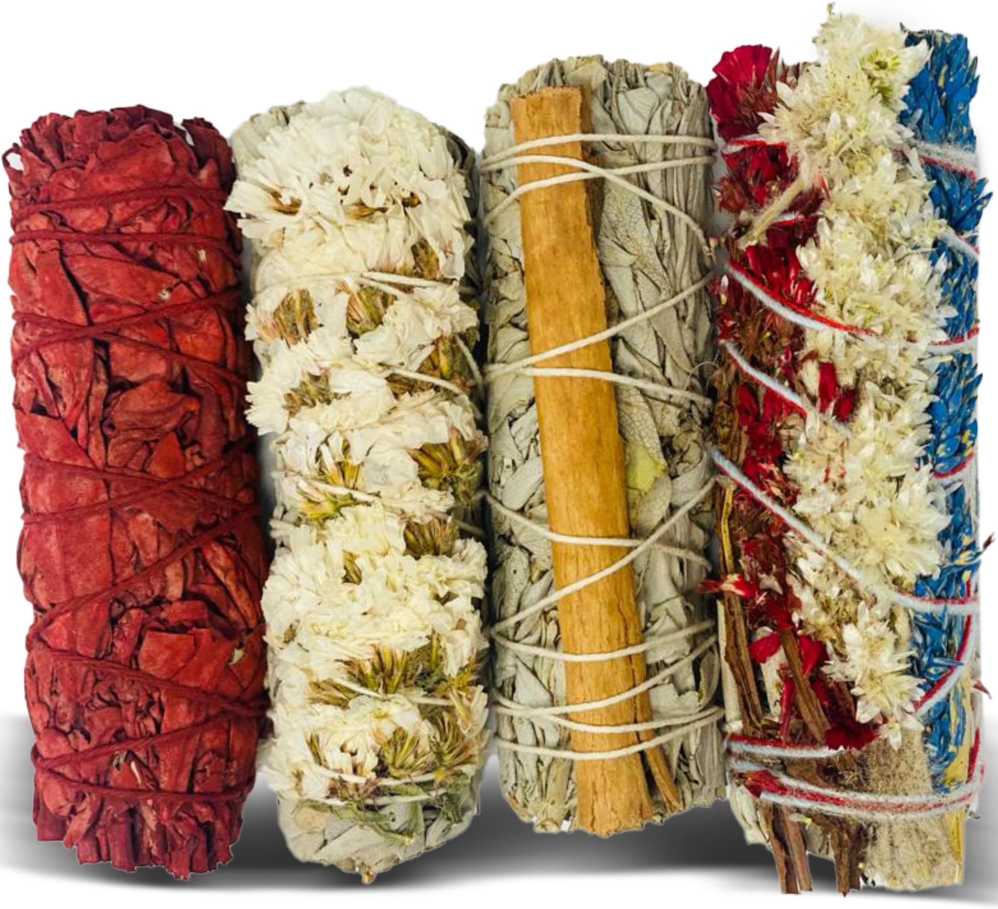 Bholi Sage Plus Sage Smudge Kit for Cleansing Negative Energy and Cleansing Home Sinuata, Dragon Blood, Cinnamon and Triple Flower Dried - 4'' Long Pack of 4 White California Sage Sticks