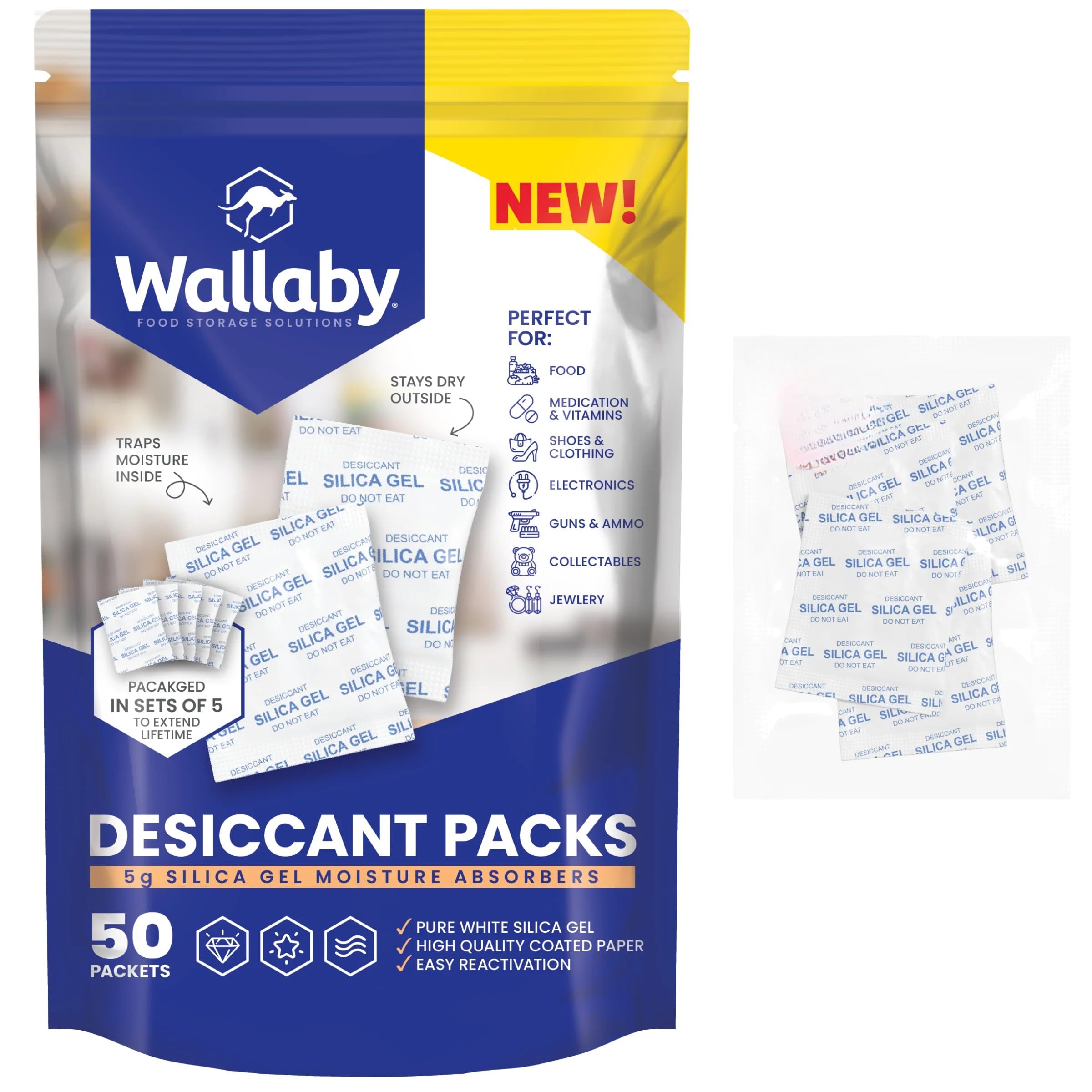 Wallaby 5g Food Safe Desiccant Packets for Moisture Control (50-pack)