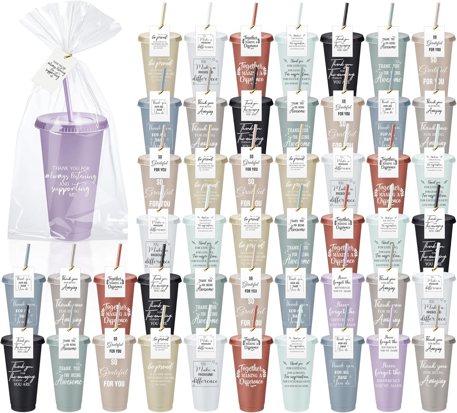 Tioncy 50 Set Employee Appreciation Gifts Bulk 24 oz Thank You Cups Plastic Tumblers with Lids & Straws for Teachers, Nurses Week 2026, Volunteers, Coworkers Team(Awesome,Multicolor)