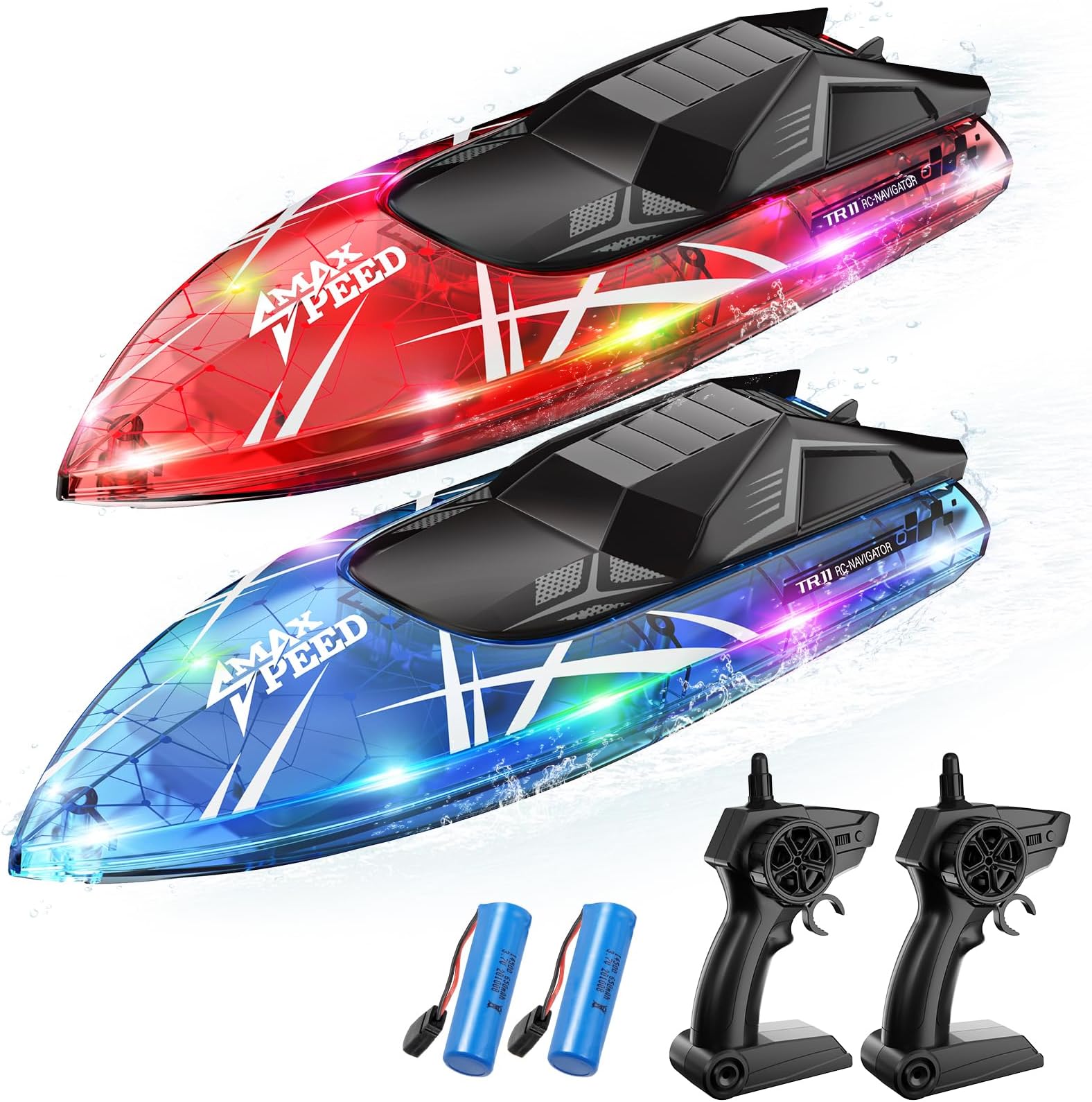 Remote Control Boat for Kids, 2Pack RC Boat with LED Lights for Pools Lakes River & Bathtub, 2.4Ghz Control, Whole Body Waterproof, 2 Rechargeable Batteries Summer Water Toys