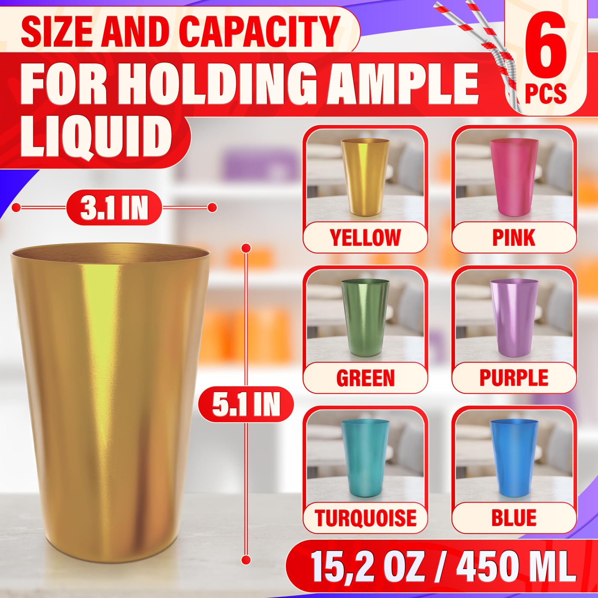 Wiederverwendbare Aluminiumbecher, 425 ml, 6 Stück, Metallbecher zum Trinken, bunte Metallbecher, Trinkgläser, eloxiertes Aluminium, ideal für Partys, Camping, heiße und kalte Getränke, nur Handwäsche