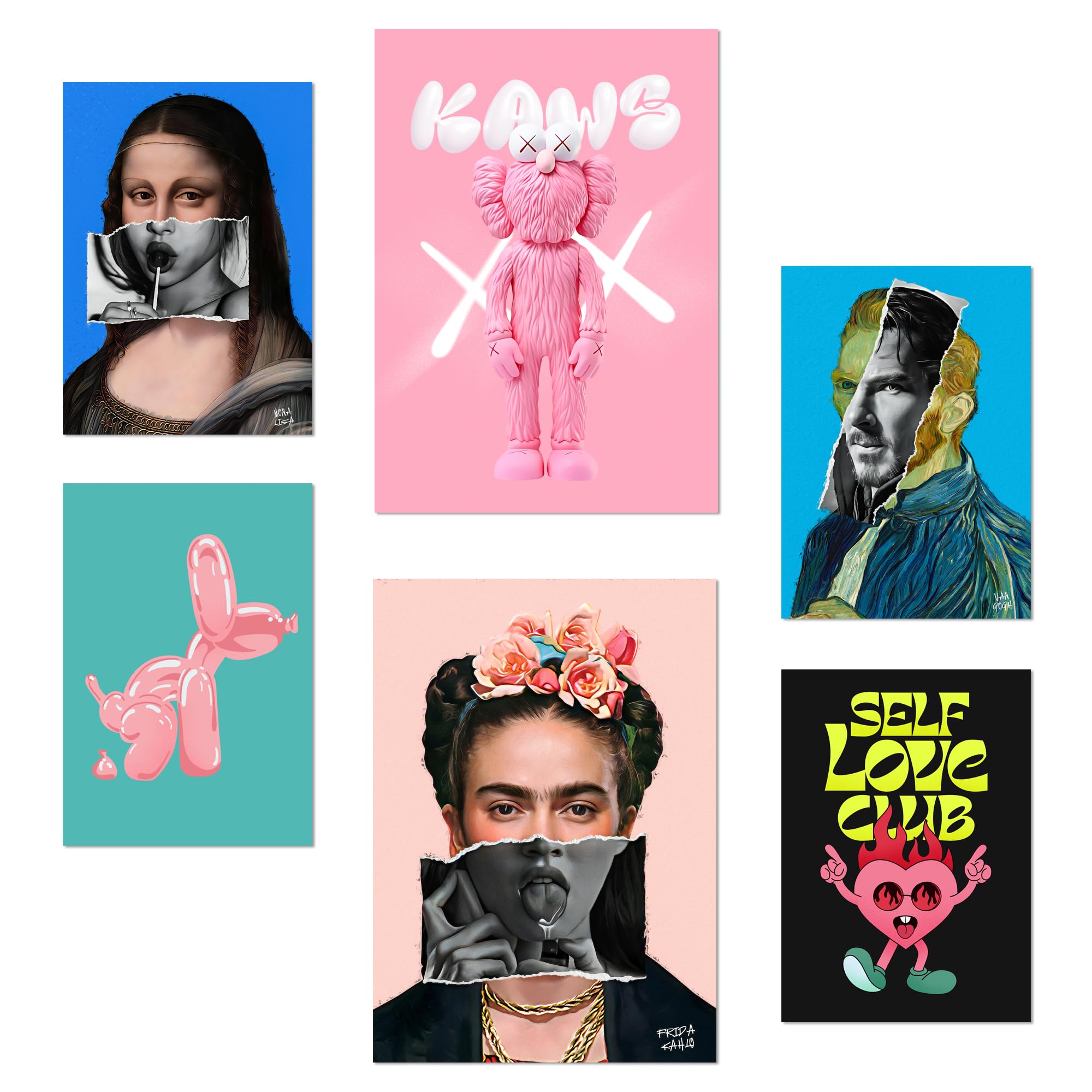 Nacnic Set of 6 Iconic Frida Van Goght Mona Lisa Pop Art Posters with design illustration to decorate the walls of home. Rooms