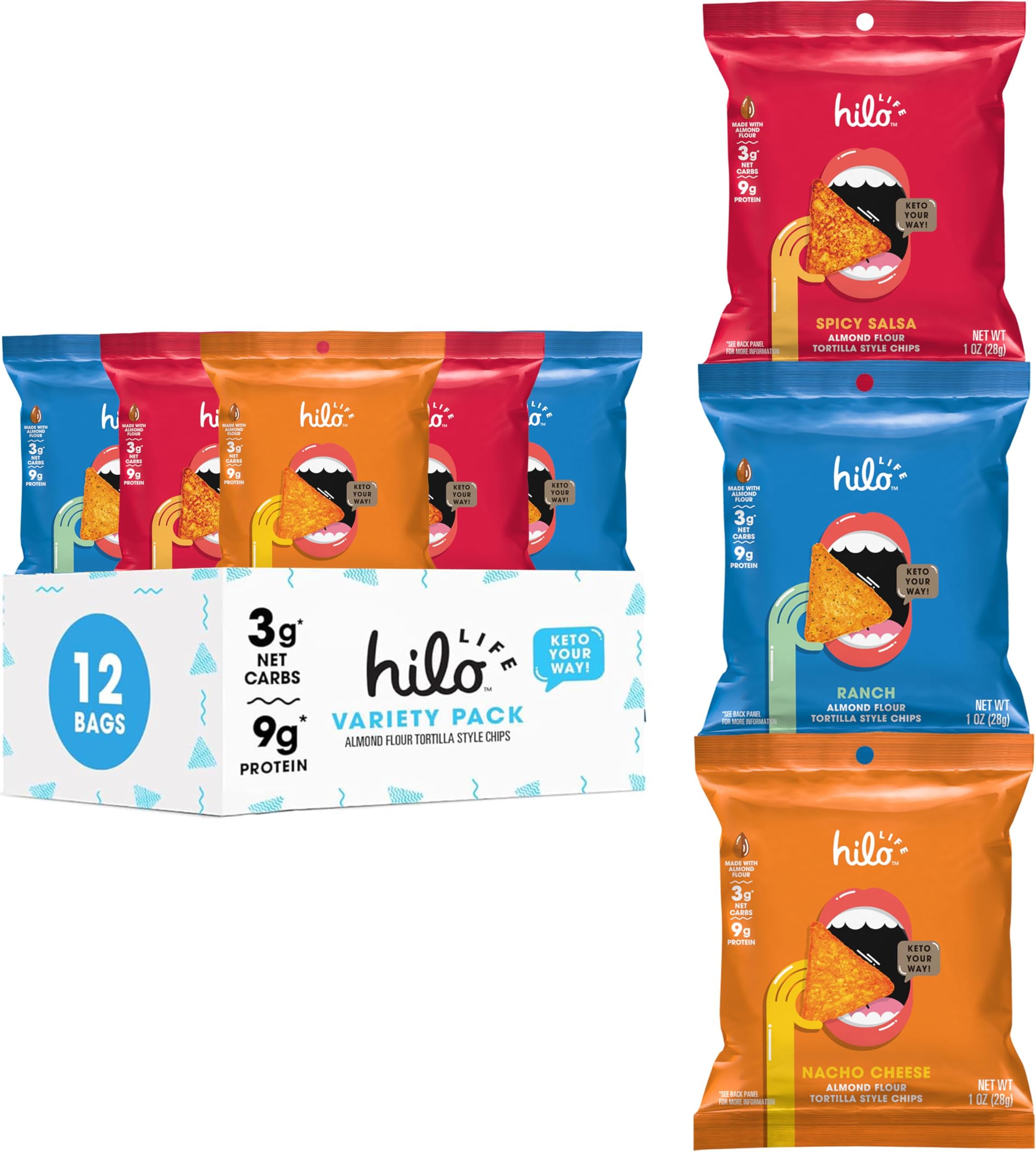 Hilo Life, Low Carb Keto Friendly Tortilla Chip Snack Bags Nacho Cheese Ranch Spicy Salsa, Variety Pack, 12 Count