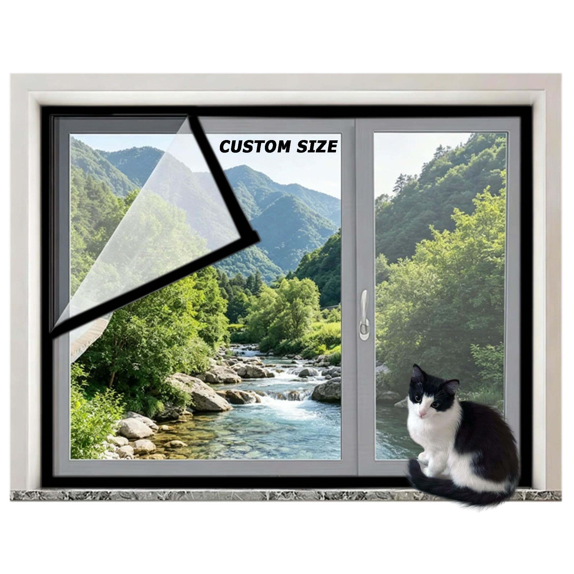 Aduodao Black Custom Size Window Safety Mesh For Bedroom Kitchen Living Room, Cat Protection Window Guard Net With Zipper, Self-Adhesive Anti-Mosquito Insect Fly Screen