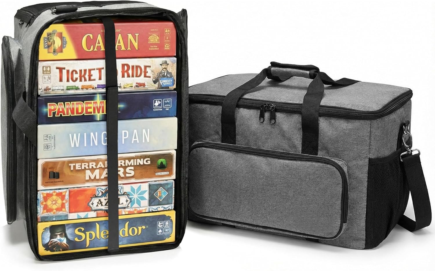 Board Game Bag with Multi-Pockets – Convertible Tote & Shoulder Carry, Includes 5 Elastic Box Bands, 20.5 x 12.6 x 12.6 Inches, for Game Night, Travel & Storage for Gamers, Gray