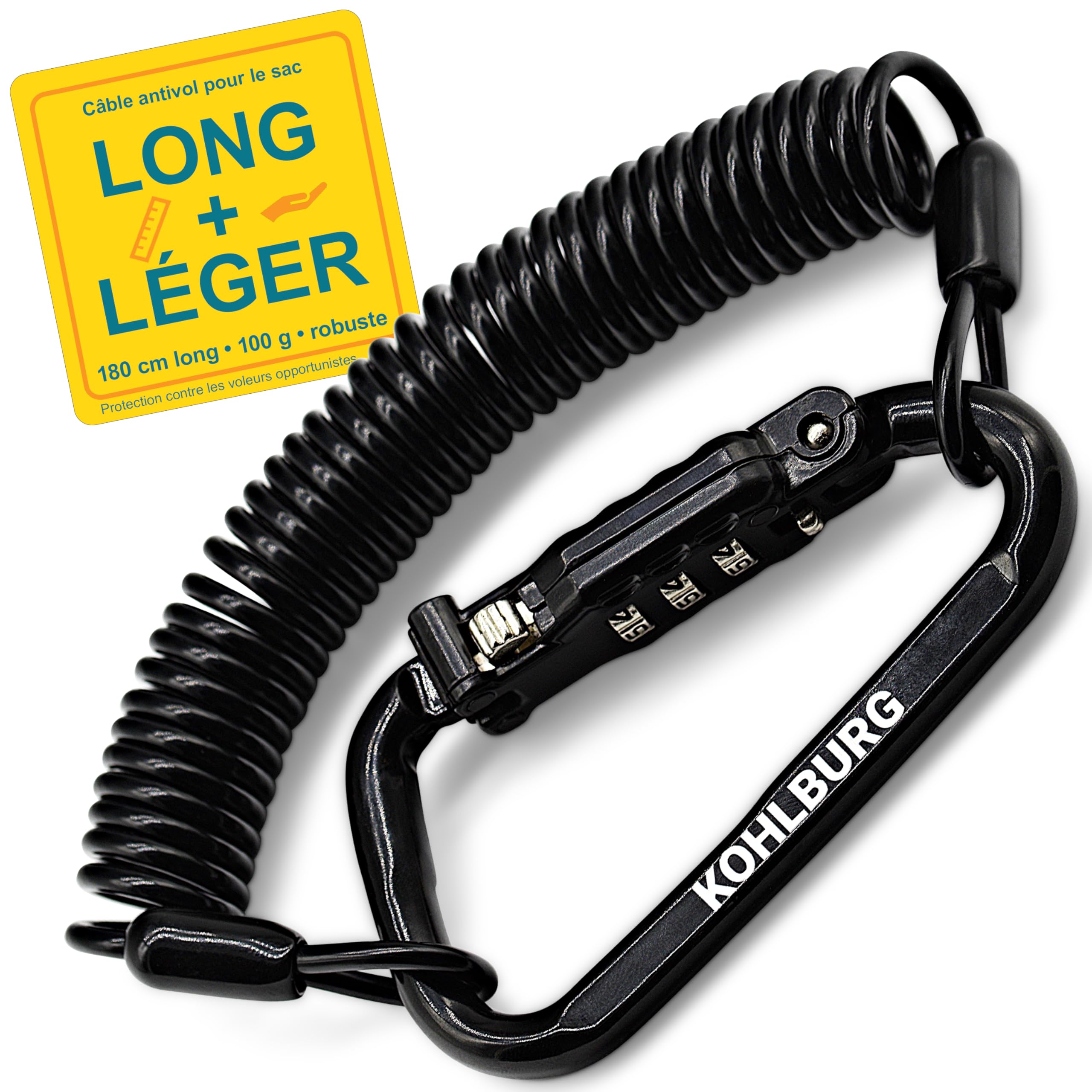 KOHLBURG Cable antivol 180 cm flexible solide cadenas code 3 mm pour poussette casque snowboard ski vélo